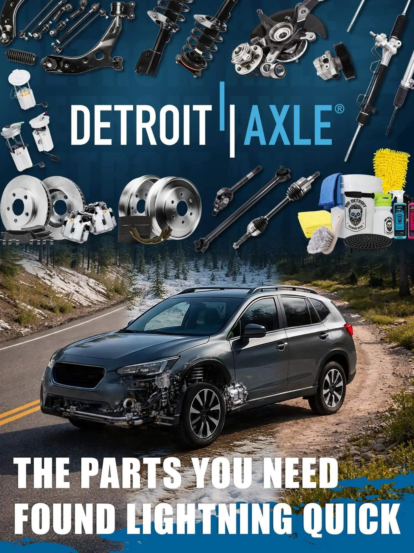 Car driving on scenic road with auto parts collage above, highlighting parts like Front Wheel Hub & Bearing Assembly Set for GM vehicles.