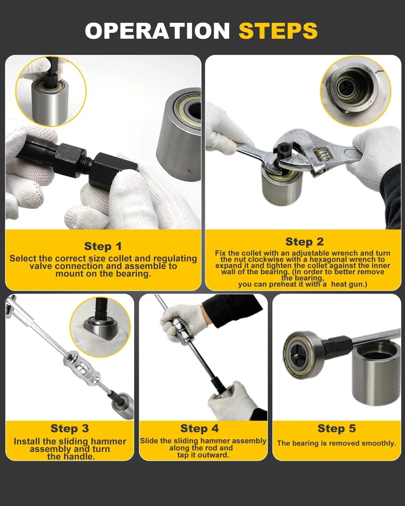 Operation steps for Blind Hole Bearing Puller Set for Bicycles and Motor Vehicles, 12-piece internal bearing extractor with slide hammer.