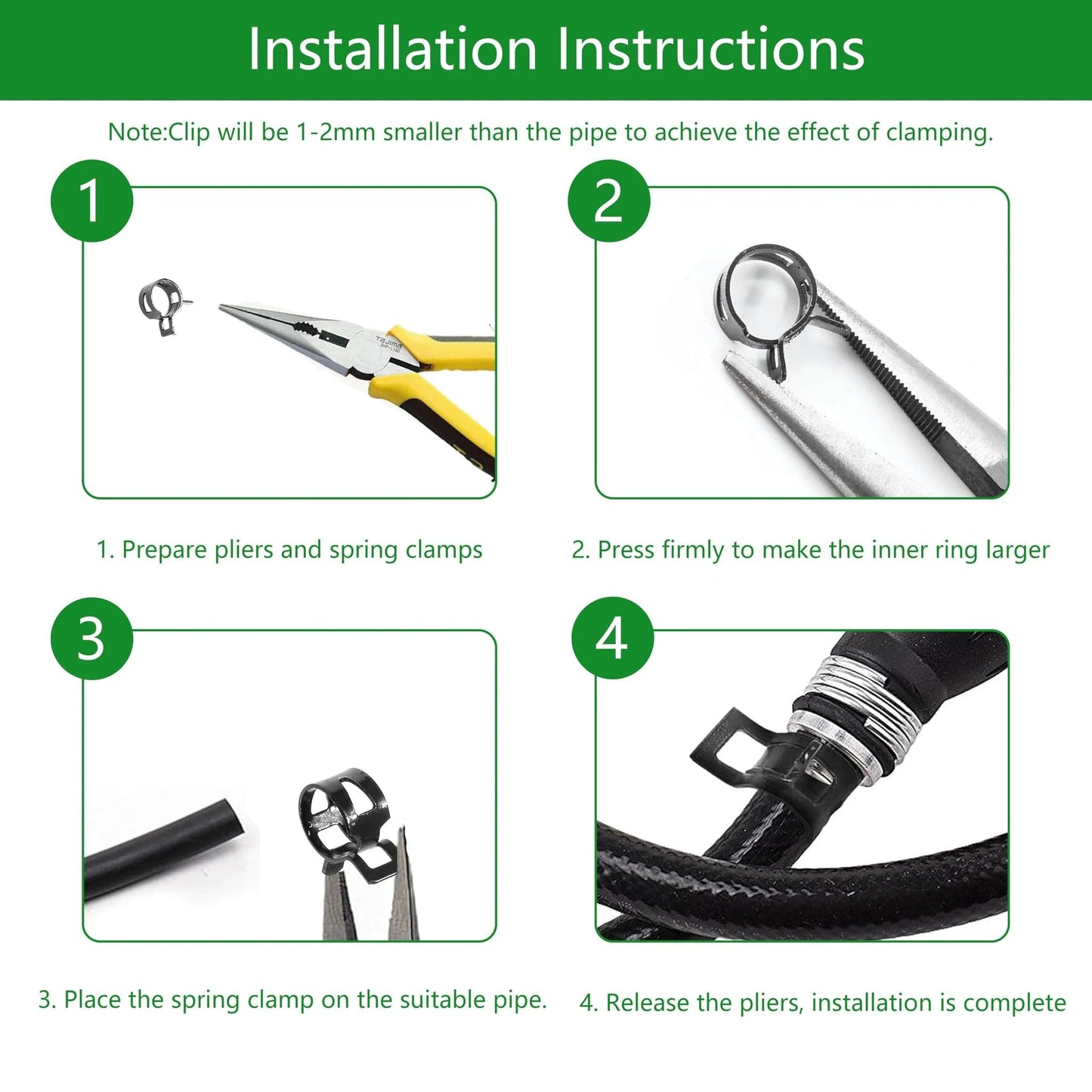 Installation instructions for 40 Pack Spring Band Hose Clamps Kit One Quarter Inch ID 6mm Band Clamp Black For Fuel Line Water Pipe Air Tube Silicone Hose