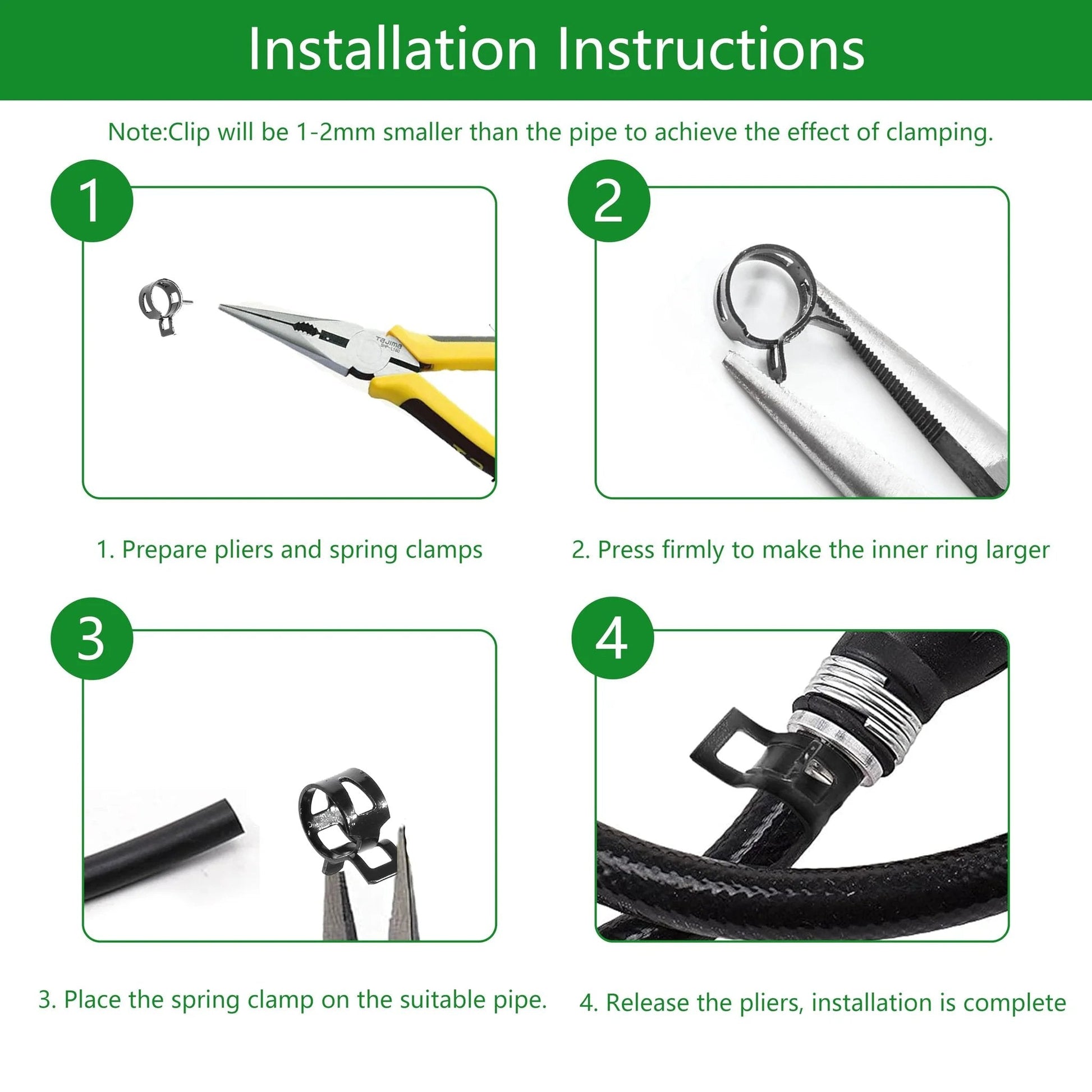 Installation instructions for 40 Pack Spring Band Hose Clamps Kit One Quarter Inch ID 6mm Band Clamp Black For Fuel Line Water Pipe Air Tube Silicone Hose