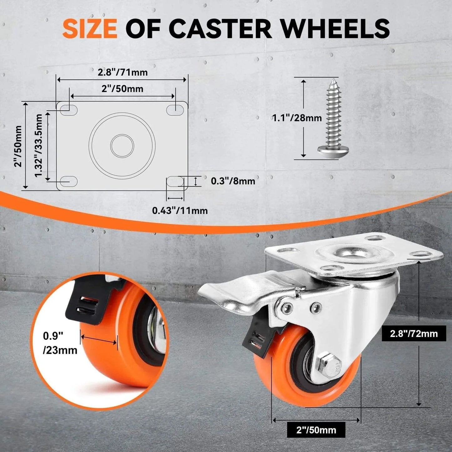 Heavy Duty 2 Inch Plate Caster Wheels Set Of 8 With Brakes size diagram and close-up of wheel with measurements