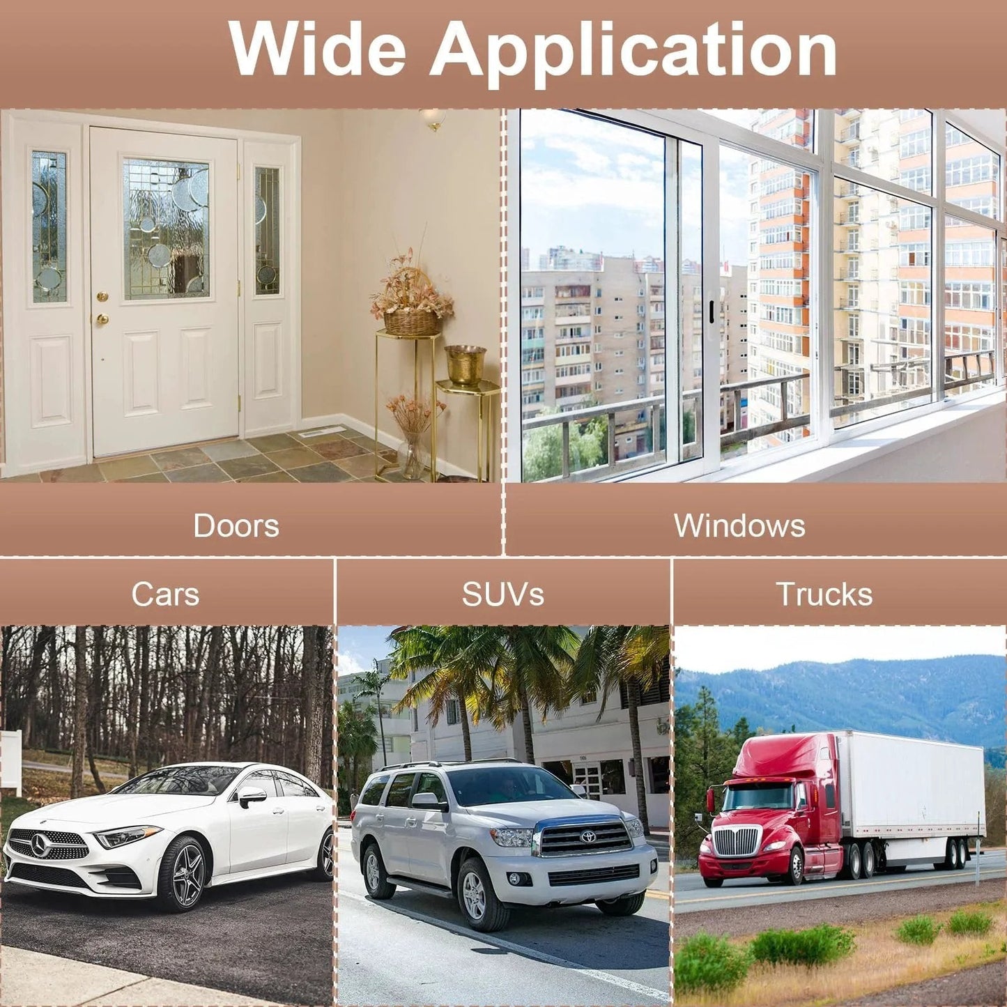 Durable D Shaped EPDM Weather Stripping For Cars And RVs 10 Ft Self Adhesive Door Seal Strip For Windows And Doors No More Drafts Or Noise With Automotive Soundproofing Weatherstripping For Cars Trucks Vans illustrated in diverse applications on doors, windows, cars, SUVs, and trucks.