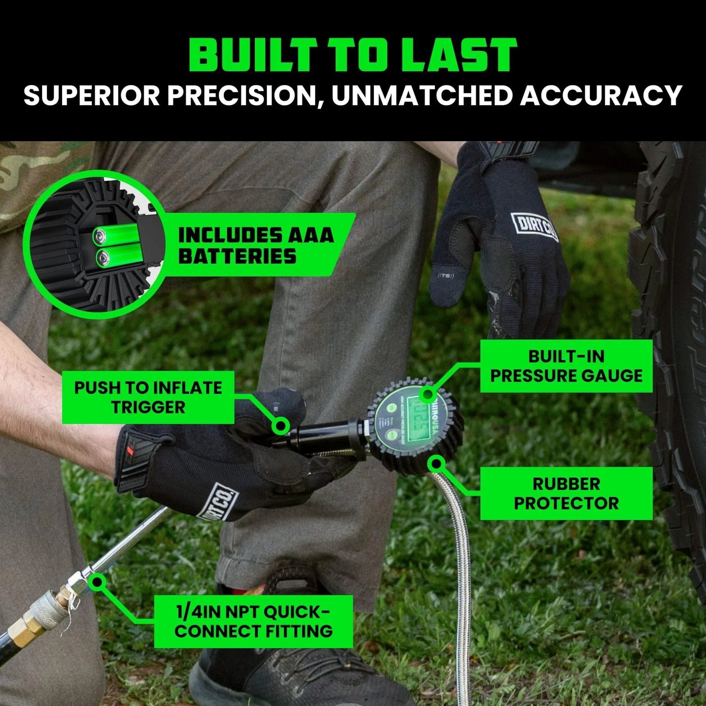 Person using All In One 3 In One Tire Pressure Tool With Inflator Gauge Bleed Valve And Hose 0 To 200 PSI For Trucks And RVs