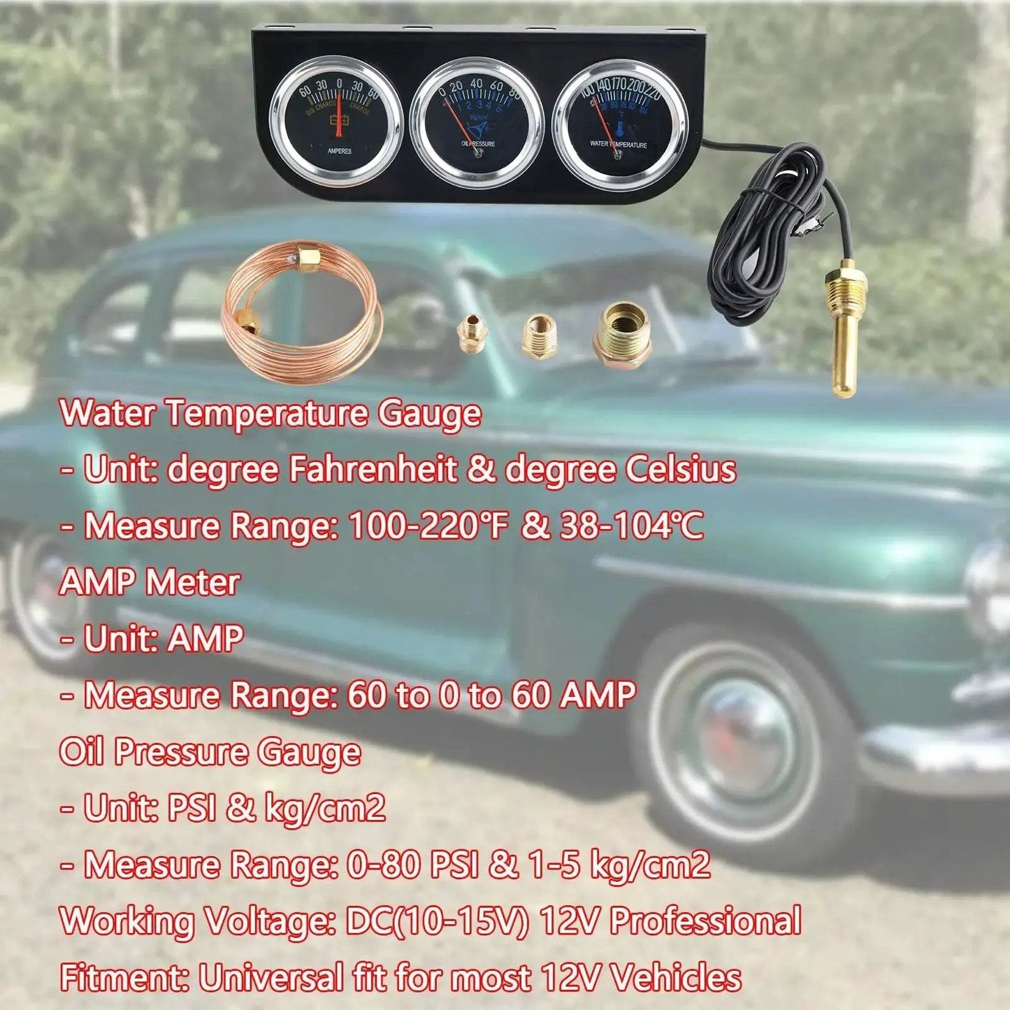 Triple Gauge Kit 2 Inch Chrome Mechanical 3 In 1 Amp Meter Oil Pressure Gauge And Water Temperature Gauge For Cars And Boats display