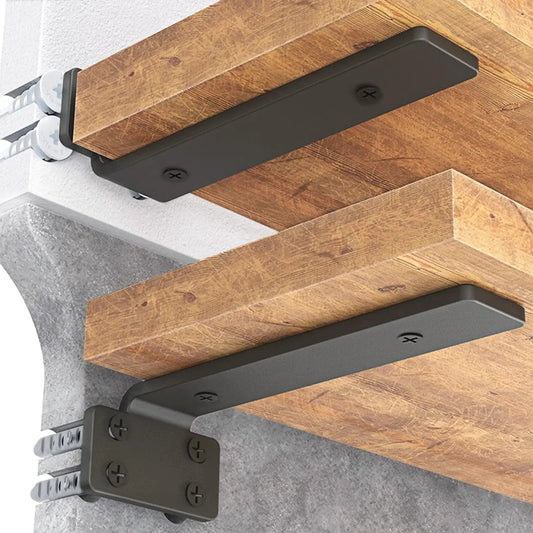 Heavy Duty Floating Shelf Brackets Set 6 Inch Long 6 Pack Black Coated Metal Wall Shelf Supports installed on wood shelves
