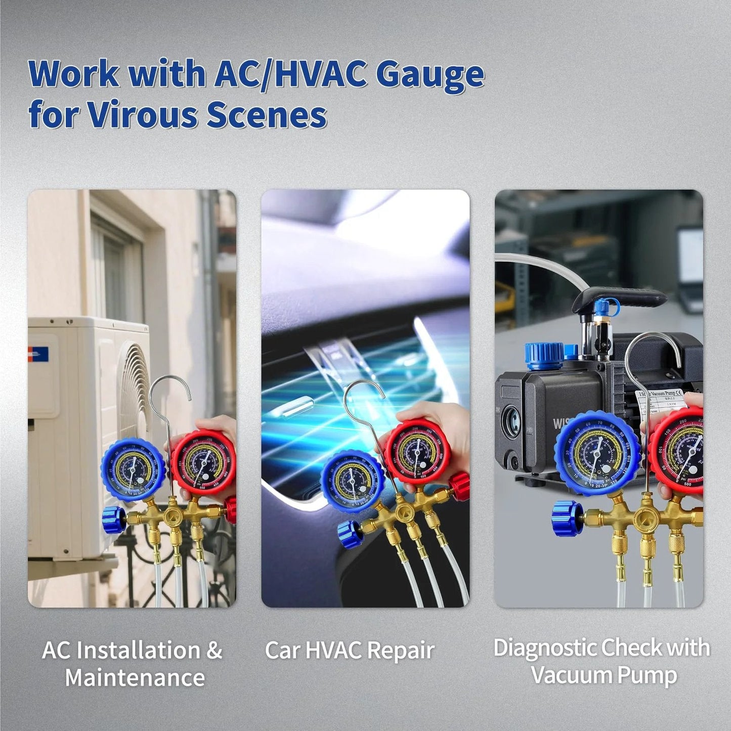Universal 1/4 Inch Refrigerant Charging Hoses Set Of 3, 60 Inch Length, in use for AC installation, car repair, and diagnostics