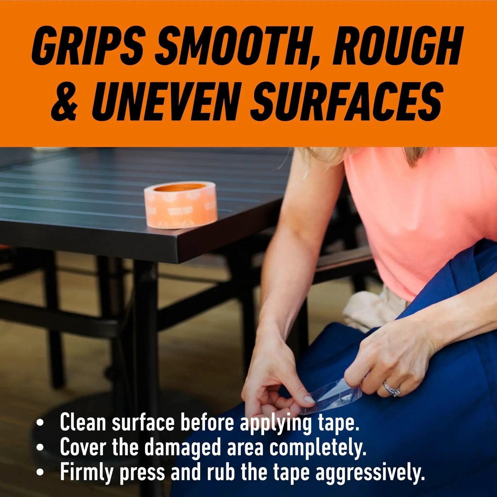 Person using Crystal Clear Tape 1.88 Inch By 18 Yard Weather Resistant Indoor Outdoor on fabric surface, tape on table.