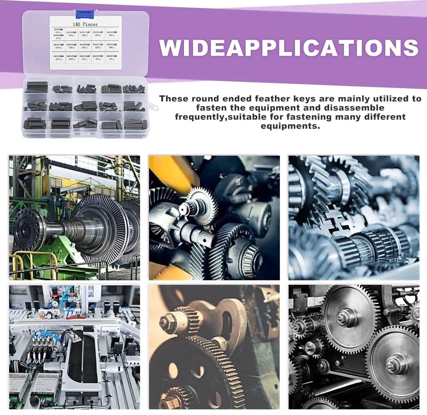 Round Ended Feather Key Set, 140 Pcs Parallel Drive Shaft Keys displayed in case with gear and machine applications.