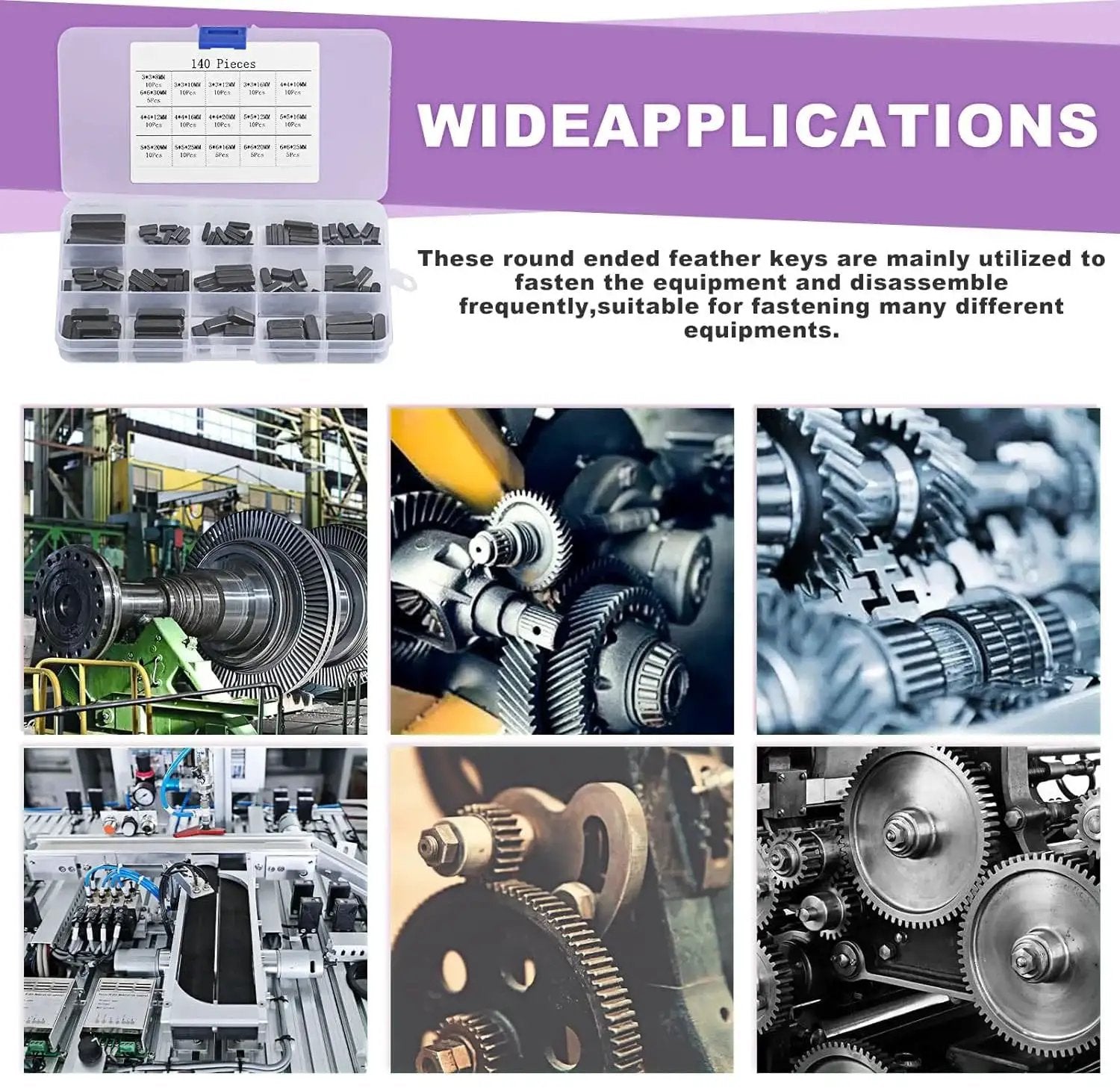 Round Ended Feather Key Set, 140 Pcs Parallel Drive Shaft Keys displayed in case with gear and machine applications.