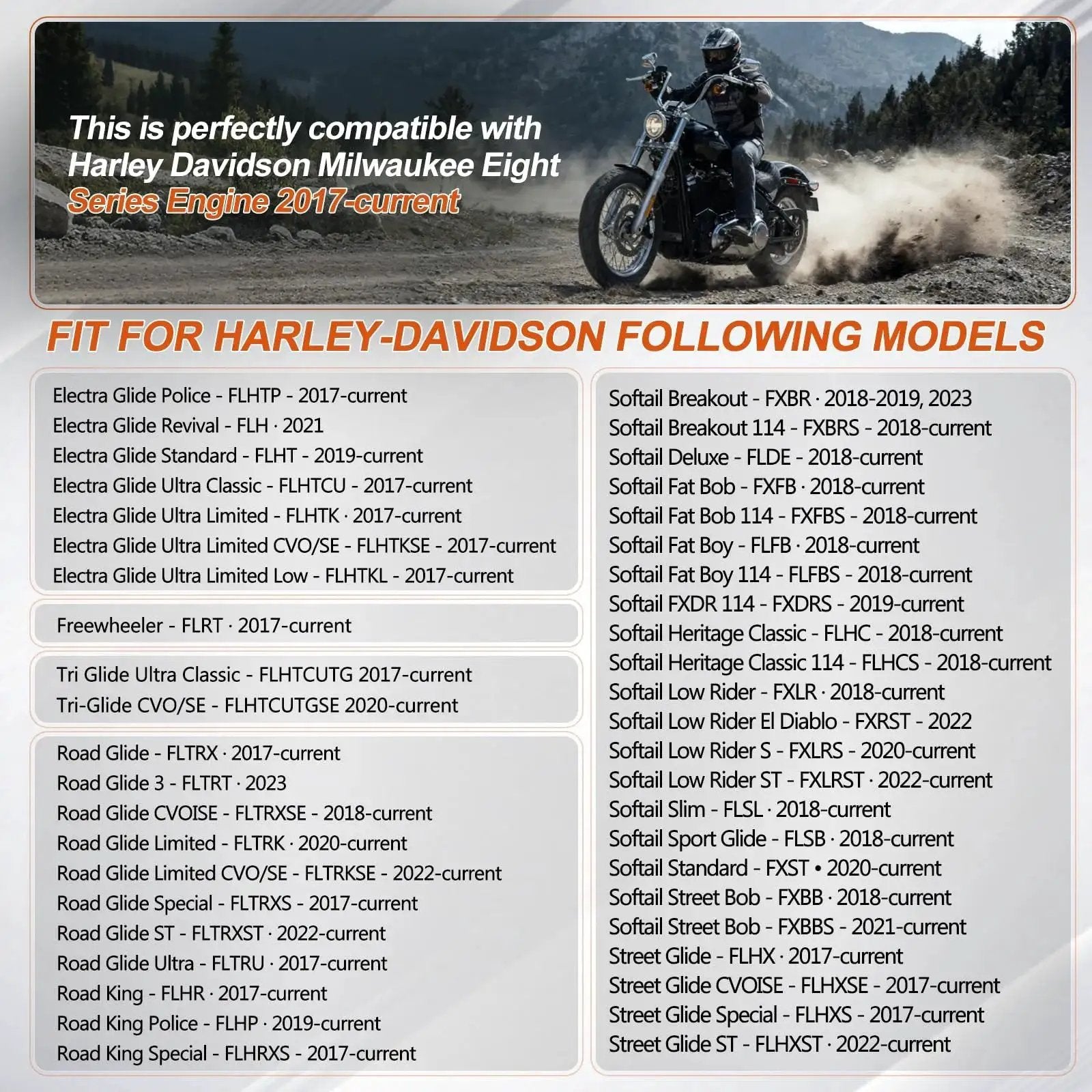 Compatibility chart and image of Harley Davidson motorcycle for Camshaft Bearing Remover And Needle Bearing Installer Tool Kit For Harley Davidson M8 Models 2007 To 2024 Replaces OEM 5806 High Precision Machined To Original Factory Specs For Easy Installation Includes All Pullers For Safe Removal.