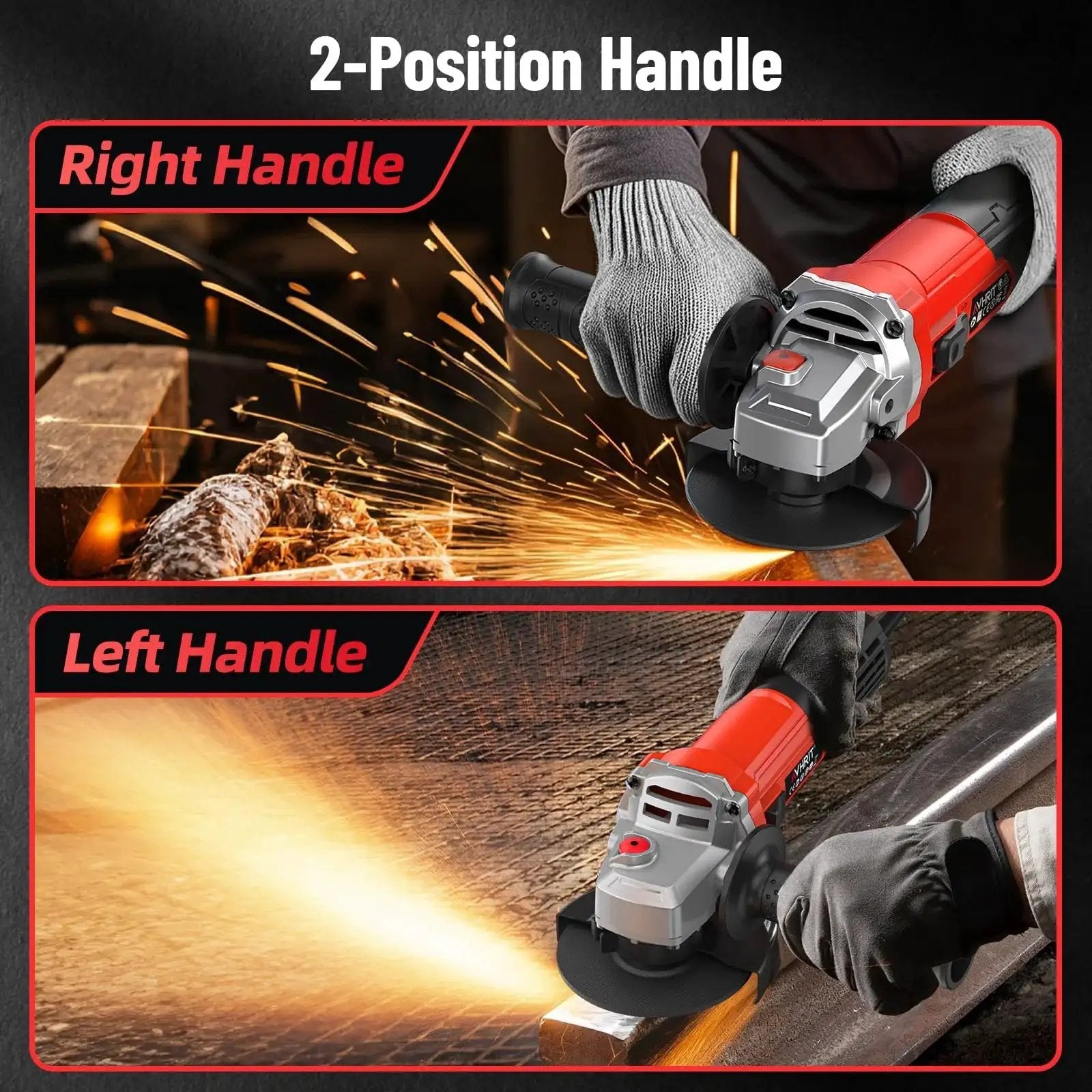 Powerful Four And A Half Inch Angle Grinder With Ten Amp Motor Delivers Up To One Thousand Two Hundred Watts And Thirteen Thousand RPM used in 2-position handle configuration for metal cutting and grinding