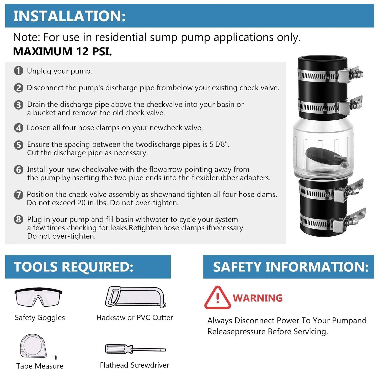 Quiet Spring Loaded Sump Pump Check Valve with Flapper for Backflow Prevention shown with installation guide and safety instructions.