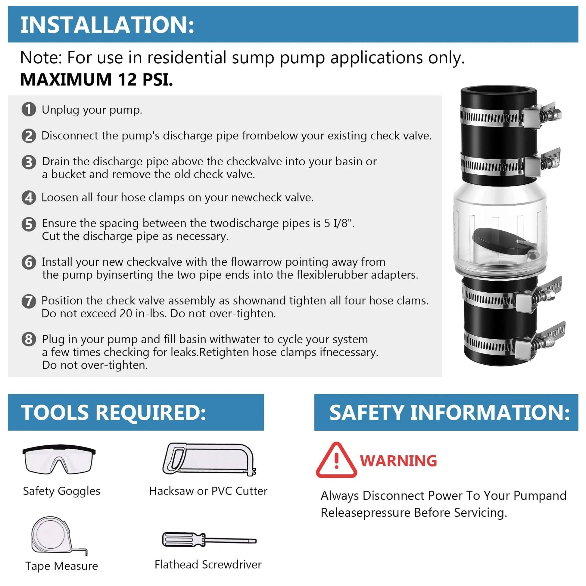 Quiet Spring Loaded Sump Pump Check Valve with Flapper for Backflow Prevention shown with installation guide and safety instructions.