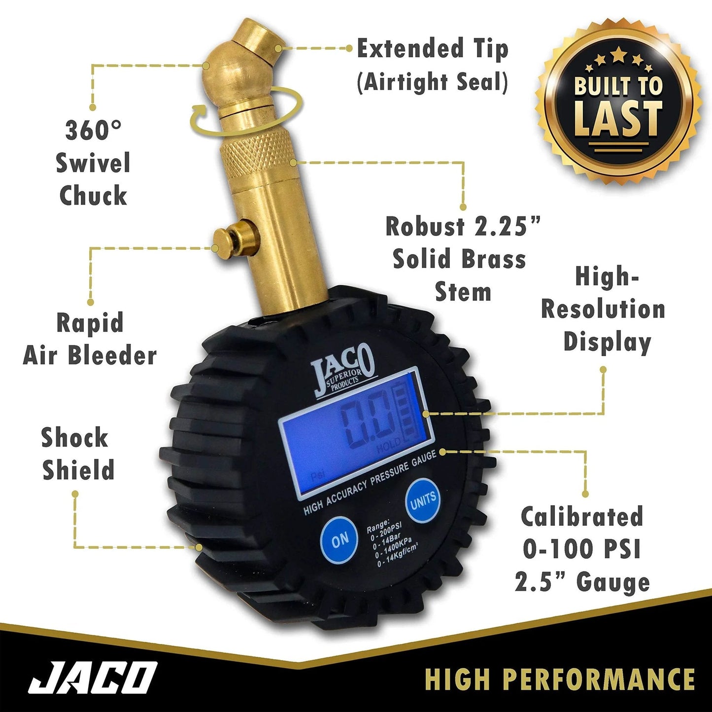Elite Digital Tire Pressure Gauge For Pro Car Maintenance With 100 PSI Range ANSI 2A Certified To 0.50 Percent Full Scale 0.10 PSI Readout Rugged And Reliable For Quick Precise Tire Checks On The Go, handheld digital gauge with solid brass stem and display