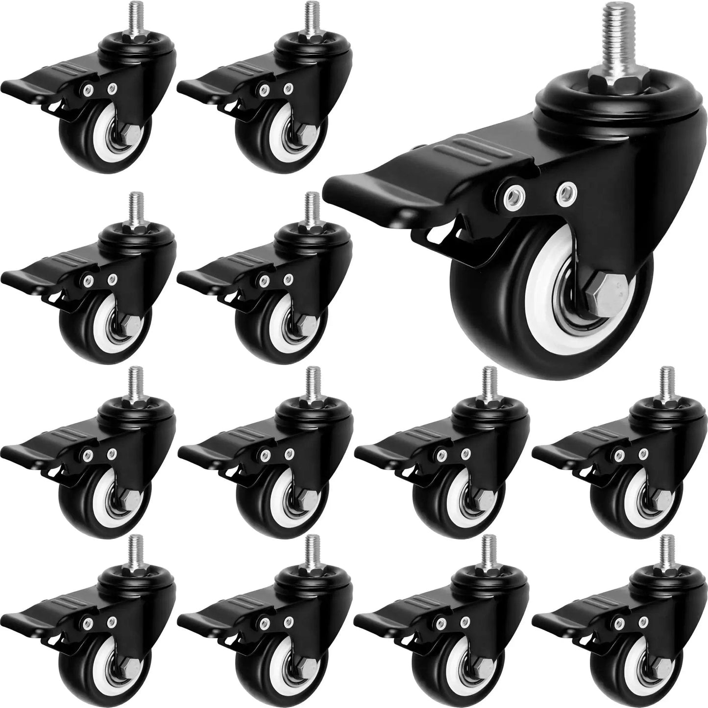 Caster Wheels Set Of Twelve 2 Inch Heavy Duty Swivel Casters With Dual Brakes And M8 Threaded Stem 400 Pound Capacity For Desk Workbench Or Cart