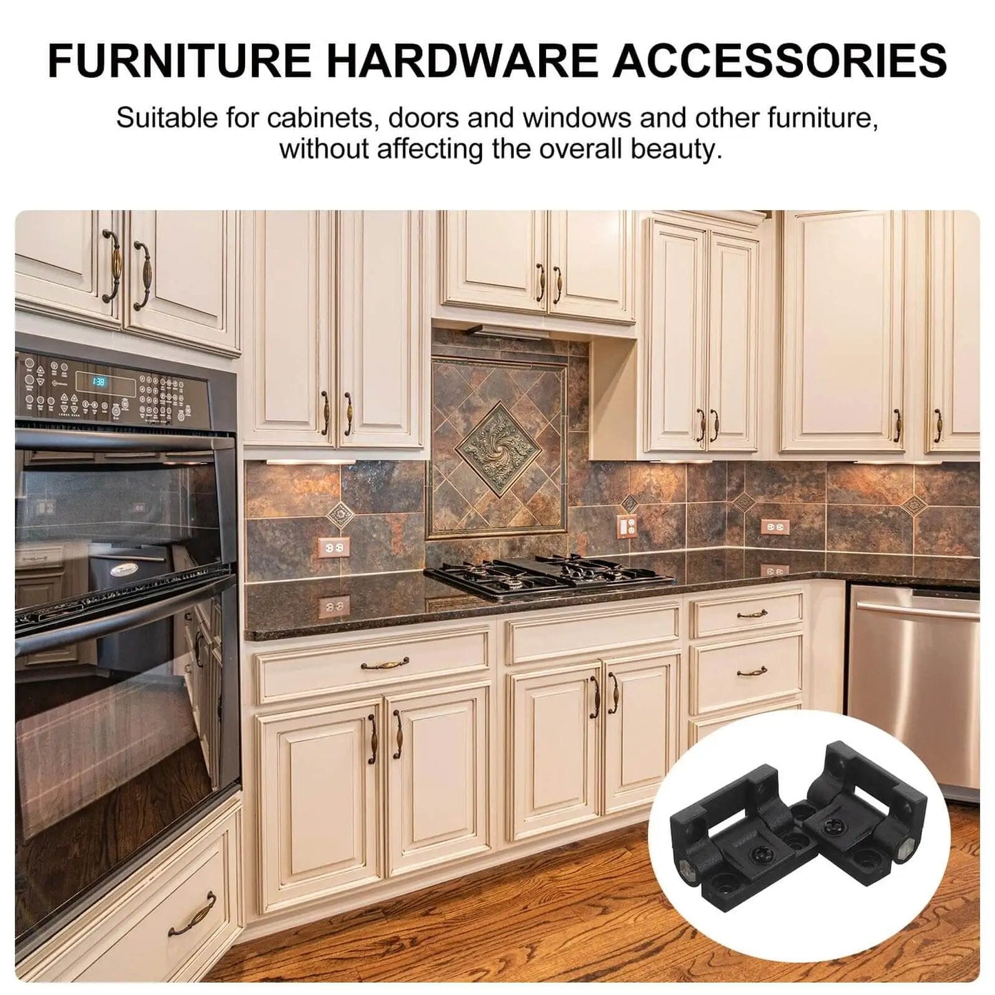 Kitchen with cabinets; inset image of Sturdy Plastic Folding Hinge 90 Degree Torque Adjustable Right Angle Ball Bearing Cabinet Hinges For Electrical Cabinets And Furniture 1 Pair Black CHILDWEET.