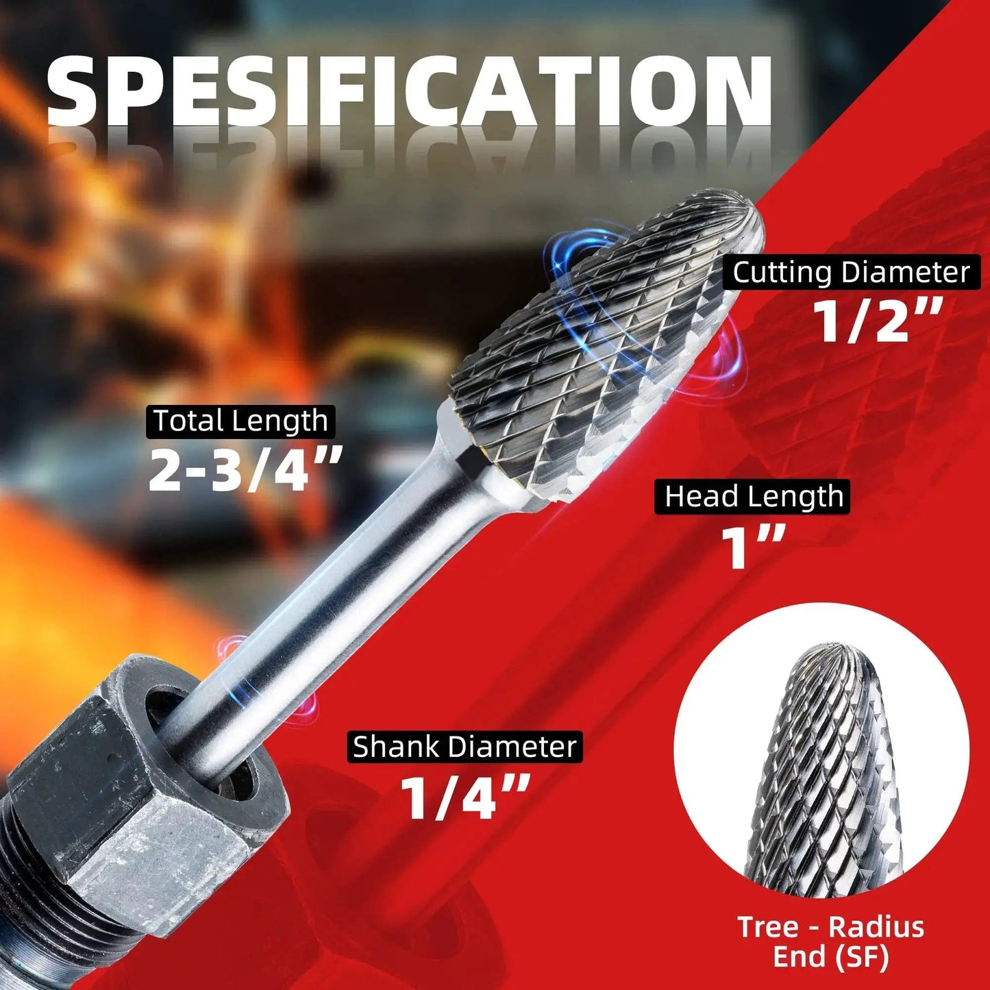 Beast Grade Tungsten Carbide Rotary Burr Bit SF Five Double Cut for Metal Working Die Grinder with specs in view.