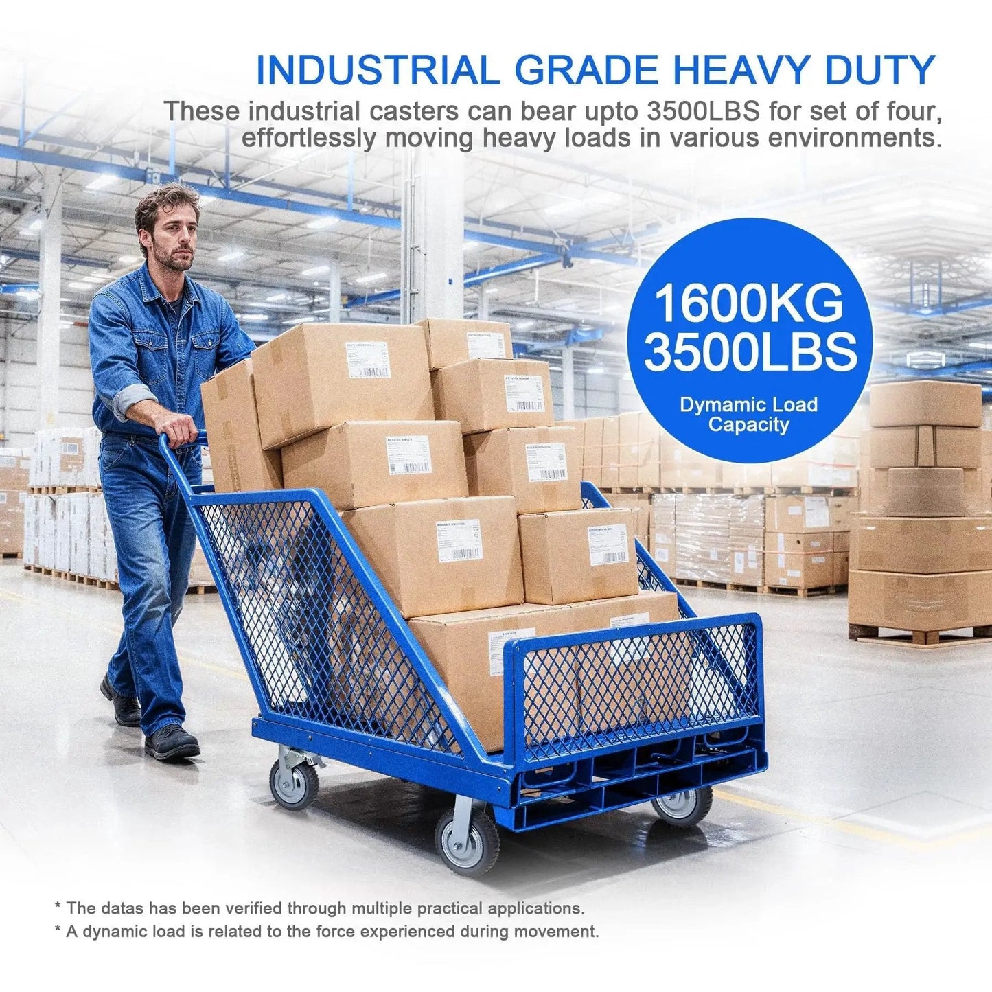 Warehouse worker using 8 Inch Heavy Duty Caster Wheels Set With 2 Braked Swivel Casters And 2 Fixed Industrial Plate Casters Total Capacity 3500 Lbs 1600 Kg For Workbenches Carts Trolleys And Warehouse Equipment to move boxes
