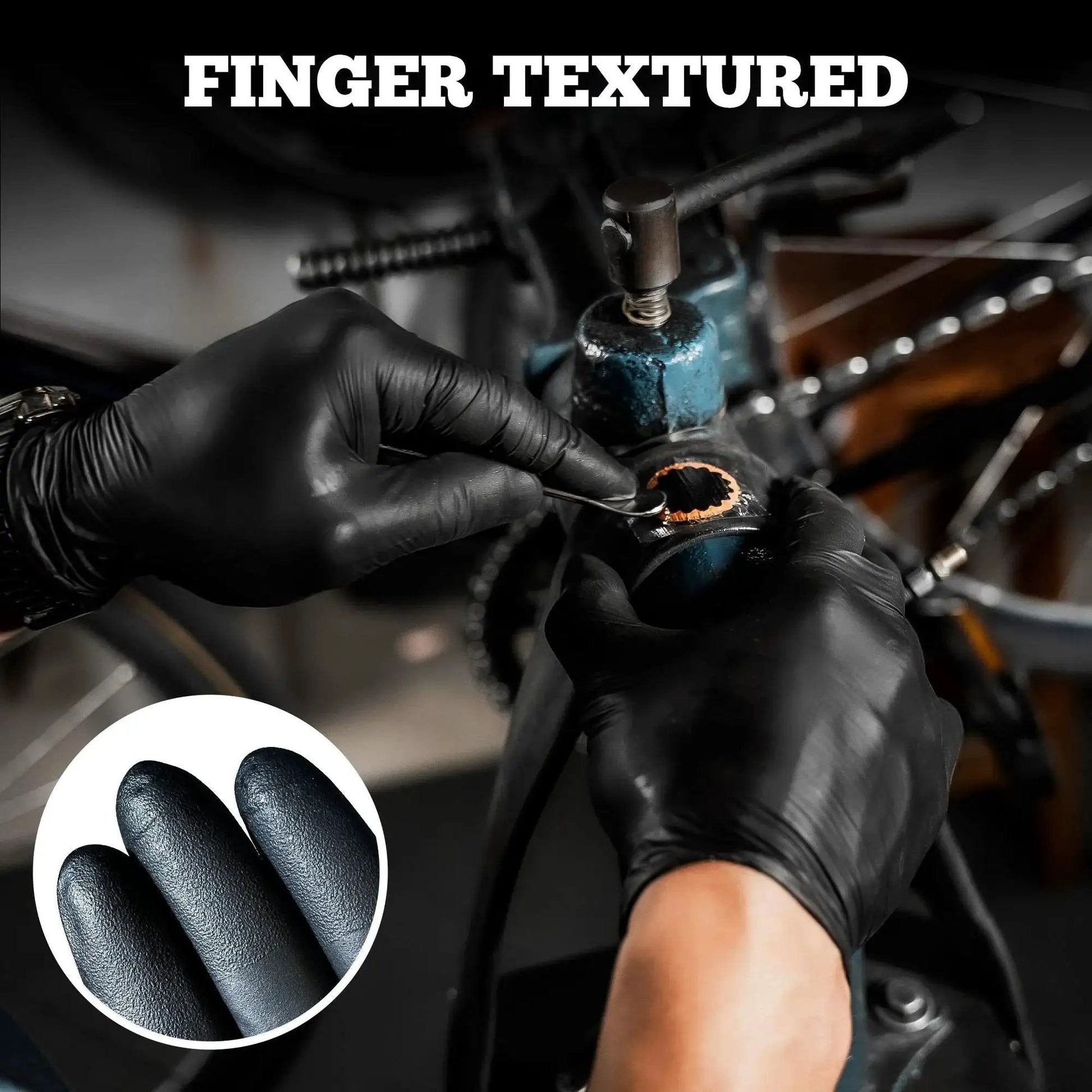 Person wearing Heavy Duty Nitrile Exam Gloves 6 Mil Black XL 100 Count Latex Free For Food Prep fixing bicycle with finger textured grip.