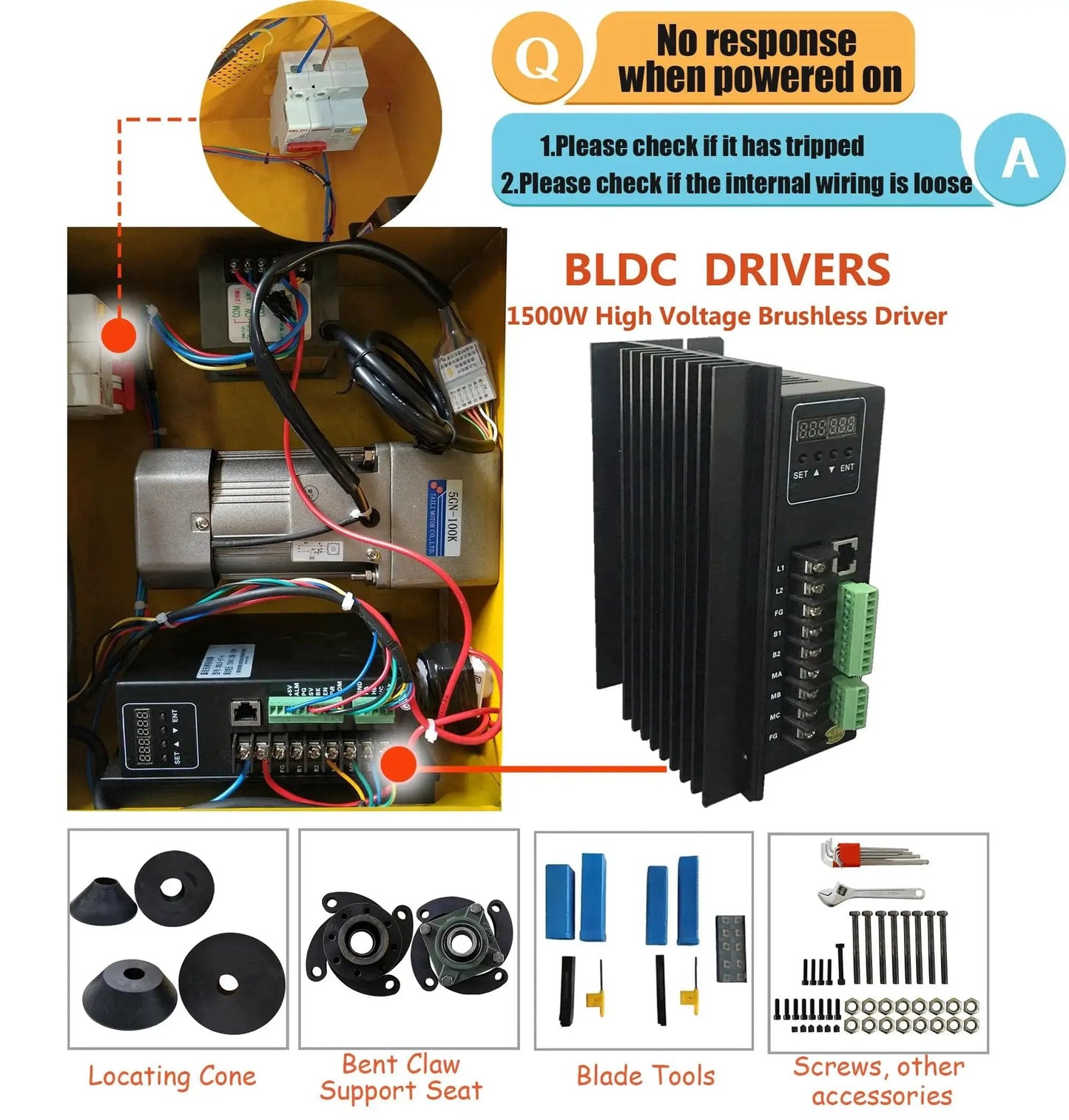 BLDC drivers with locating cone, bent claw support seat, blade tools, and screws for 1500W high voltage brushless driver system.