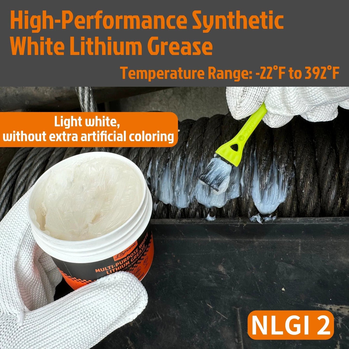 White Lithium Multi Purpose Grease 3.52 Oz Heavy Duty NLGI 2 applied to machinery with brush, showing white color.