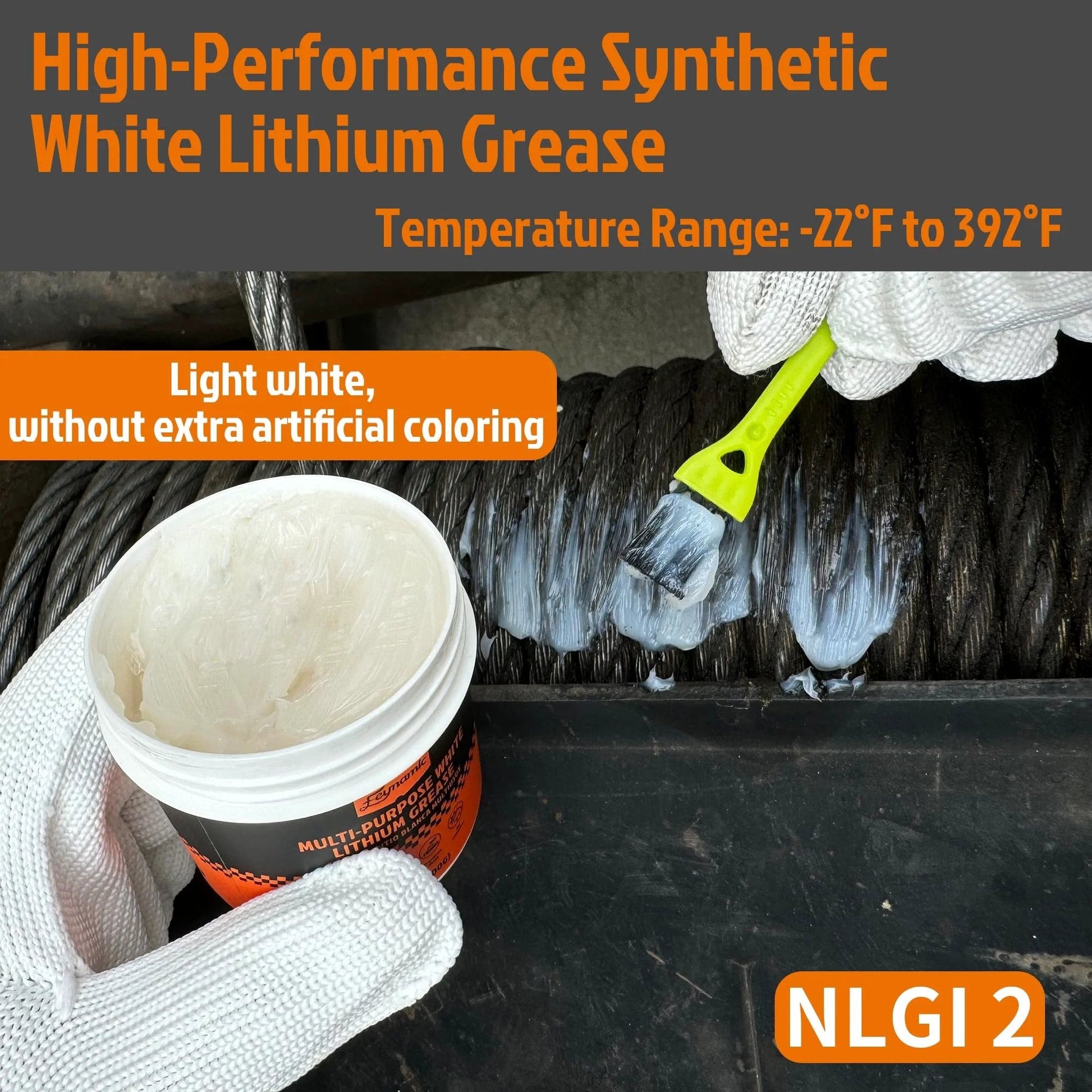 White Lithium Multi Purpose Grease 3.52 Oz Heavy Duty NLGI 2 applied to machinery with brush, showing white color.