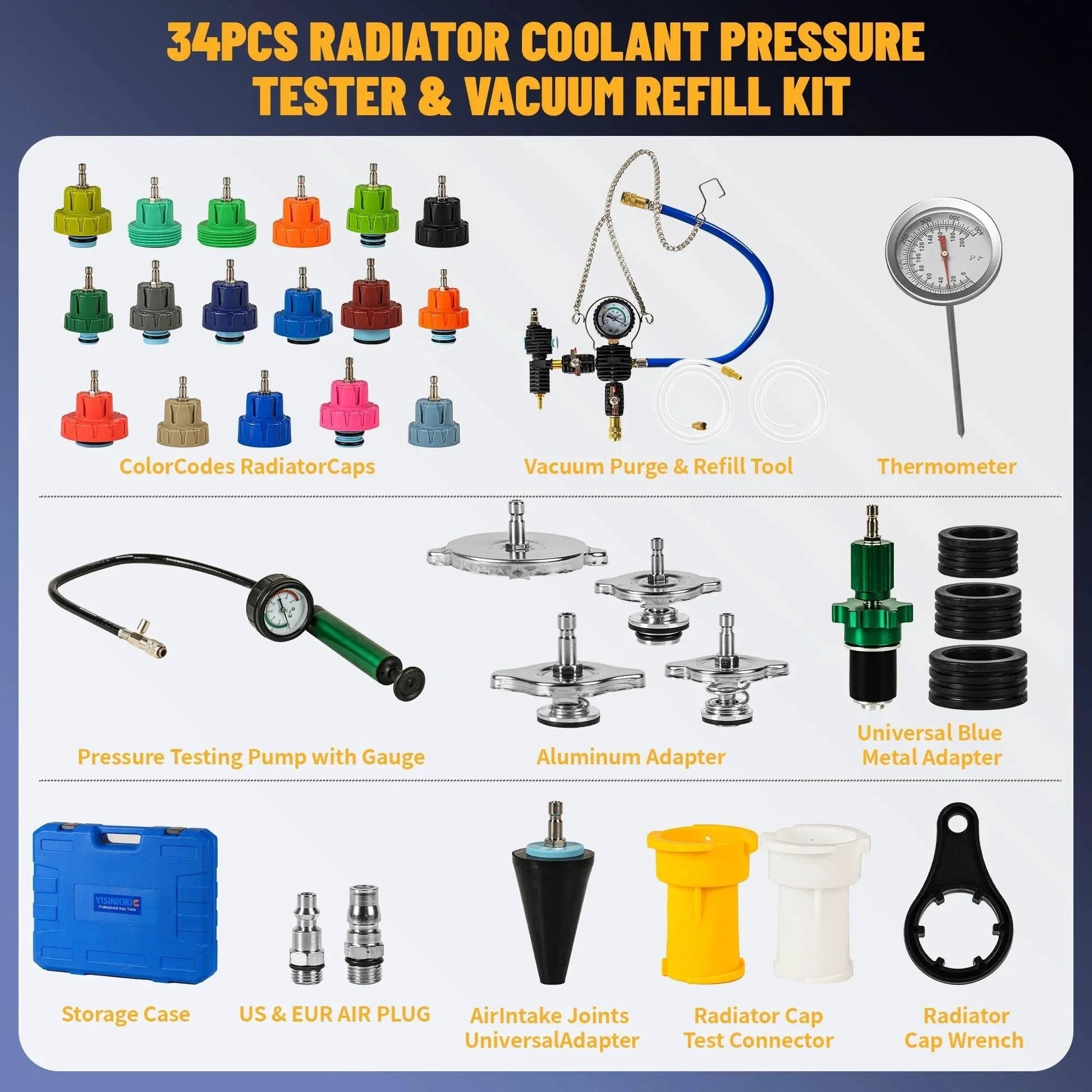 Universal 34PC Radiator Pressure Tester Kit For Automotive Cooling System With Vacuum Pump And Refill Cap Set Leak Detection Tool