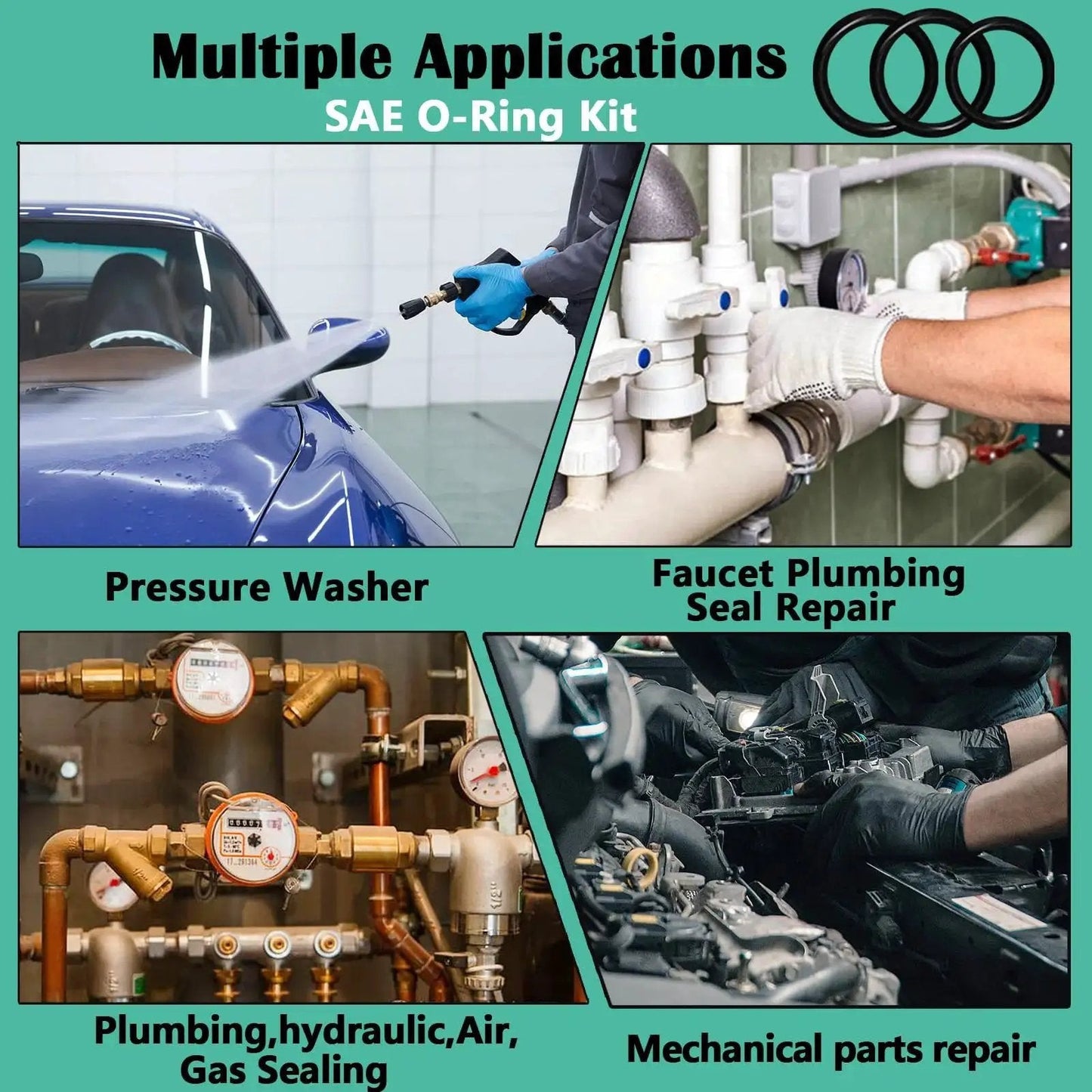 Collage showing applications for Must-Have 1086-Piece SAE O Ring Assortment Kit With 32 Standard Buna N Rubber Sizes in automotive and plumbing.