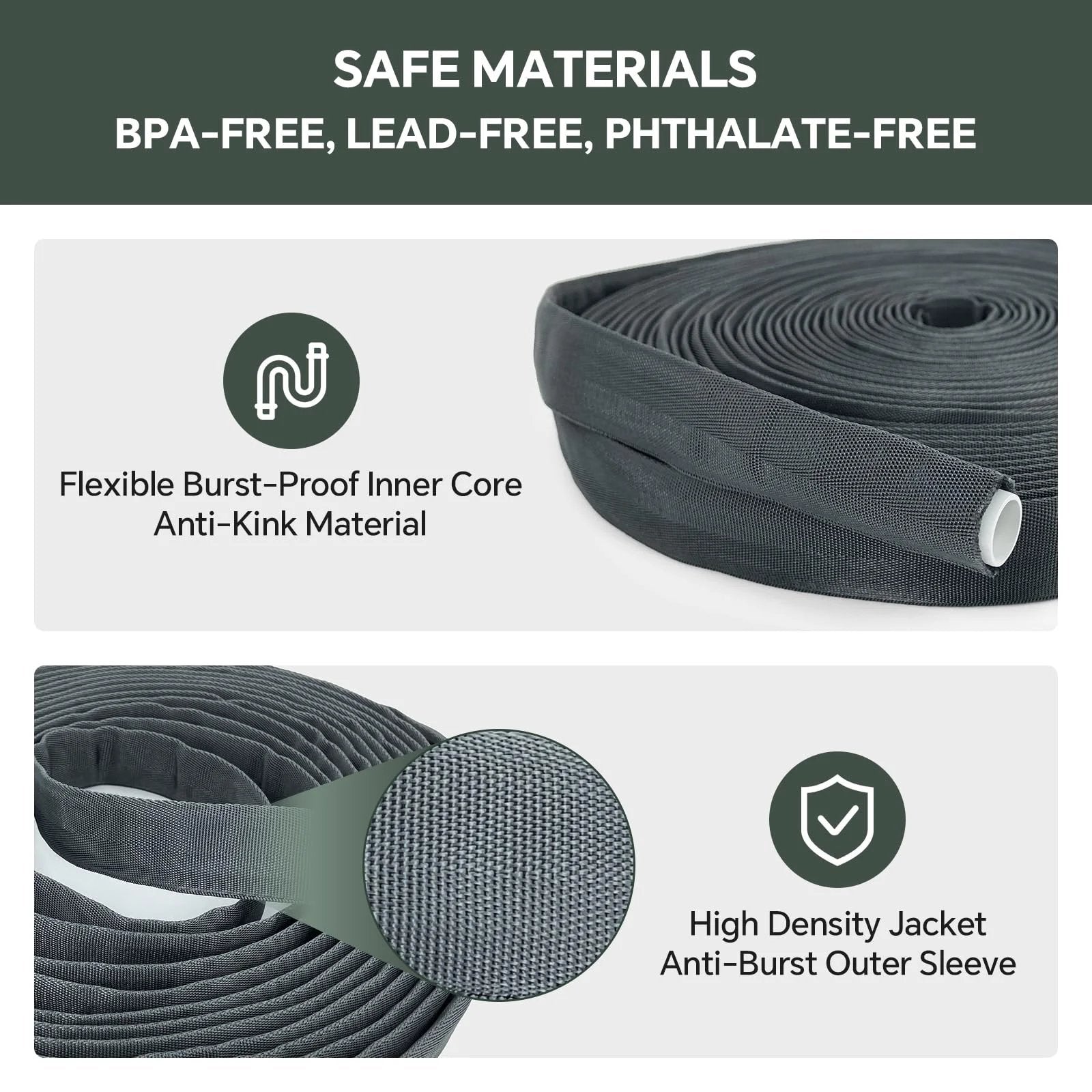 Ultra Lightweight 75ft Non Expanding Garden Hose With Kink Free High Pressure Performance Abrasion Resistant Build All Weather Durability Eco Friendly Design Black Gray Also Available In 25ft 50ft 100ft Lengths showing flexible burst-proof core and high-density jacket.