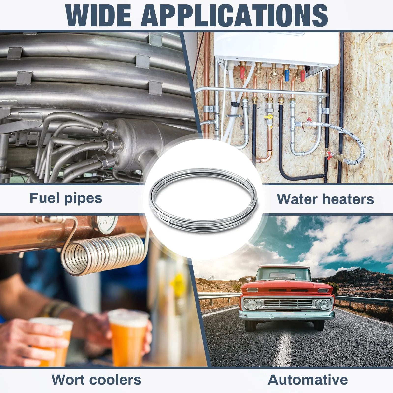 Applications of Two Pack 3/8 Inch 304 Stainless Steel Tubing Coils 50 Feet Total 25 Feet Each across various projects.
