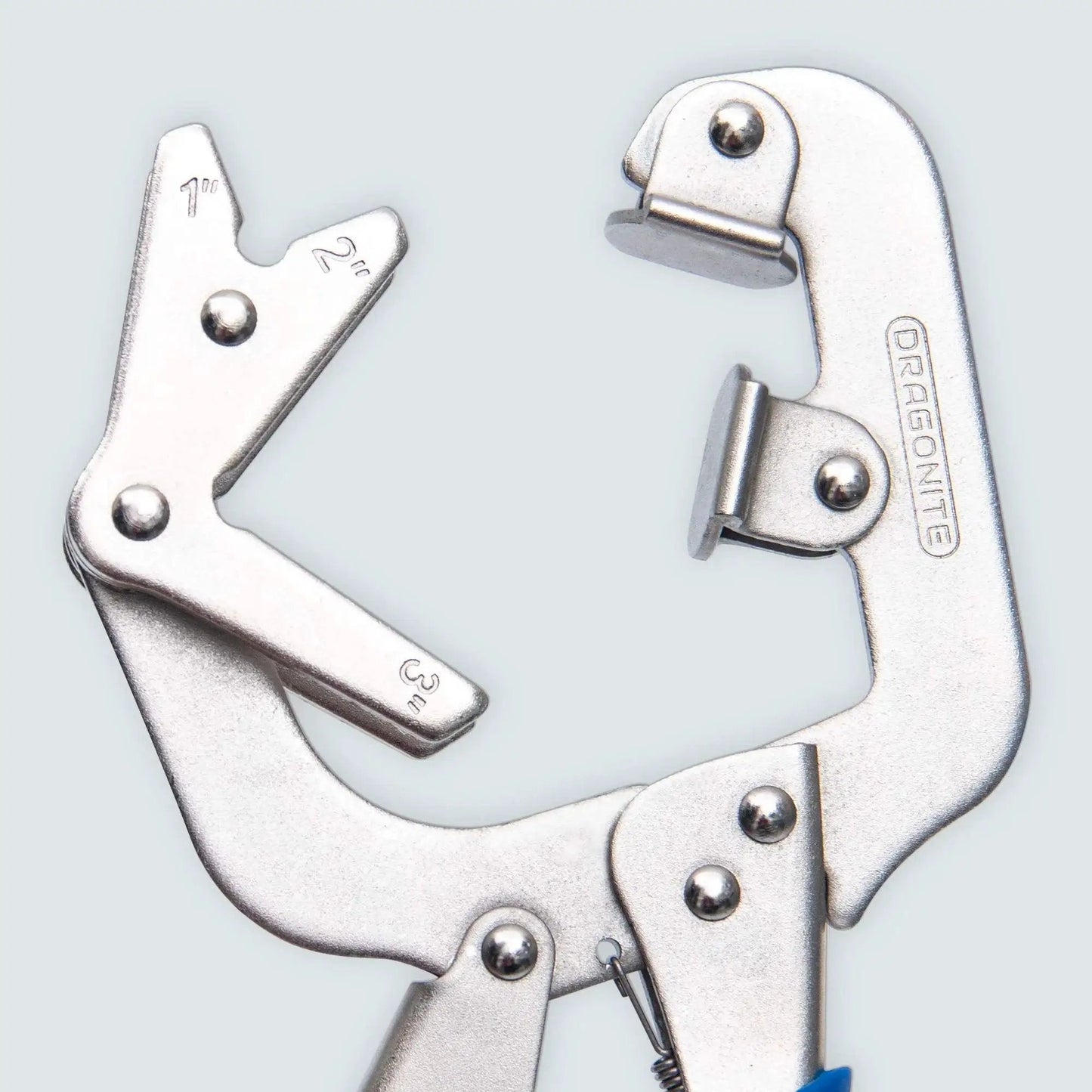10 Inch Welding Pipe Pliers With Locking C Clamp And Large Adjustable V Pads For Secure Welds, shown in a close-up view
