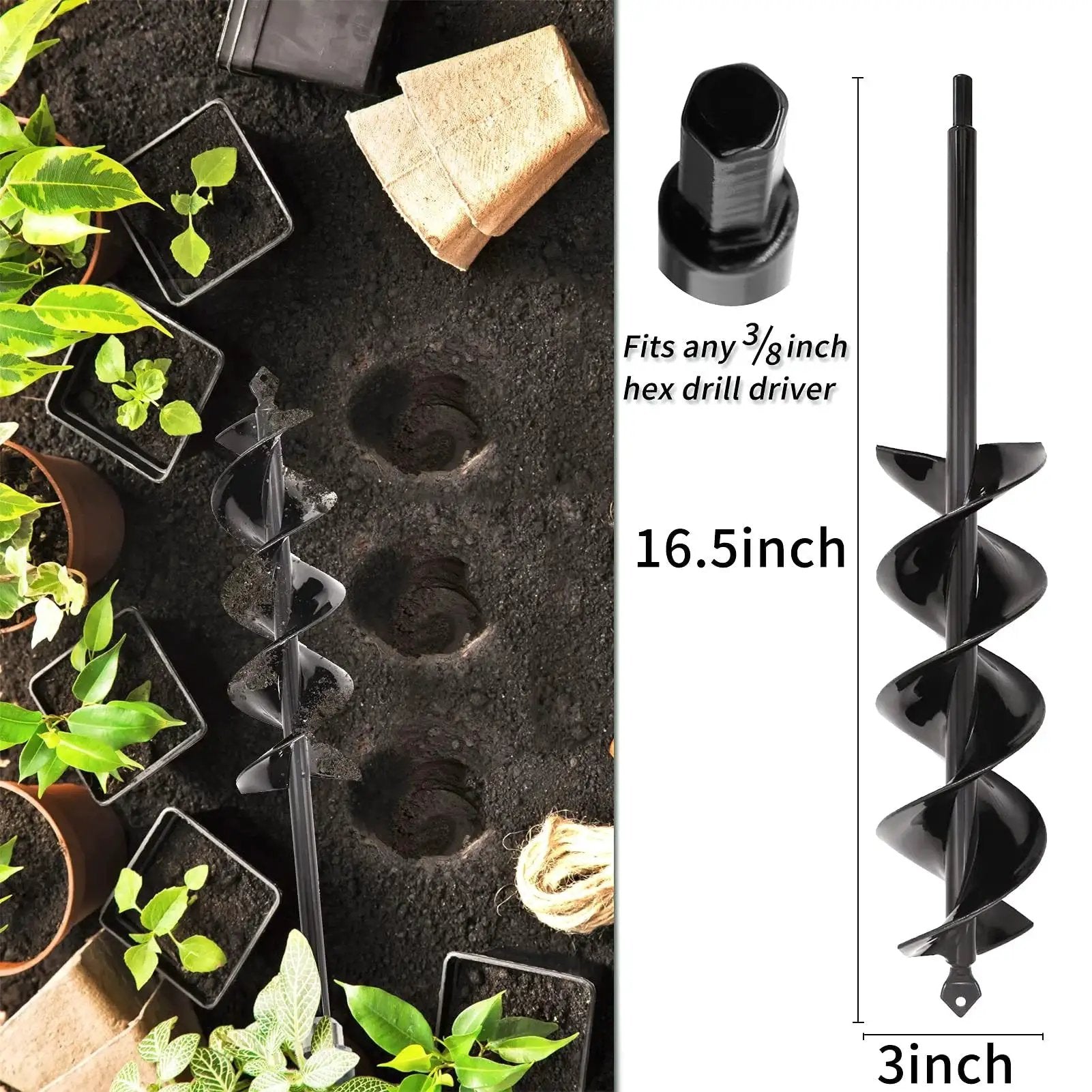 Planting Garden Auger Drill Bit Set 2 Pack Solid Core Shaft Spiral Hole Digger For Three Eighths Inch Hex Drive Drills 3 Inch By 16.5 Inch And 1.6 Inch By 16.5 Inch Fast Holes For Quick Planting And Easy Garden Beds