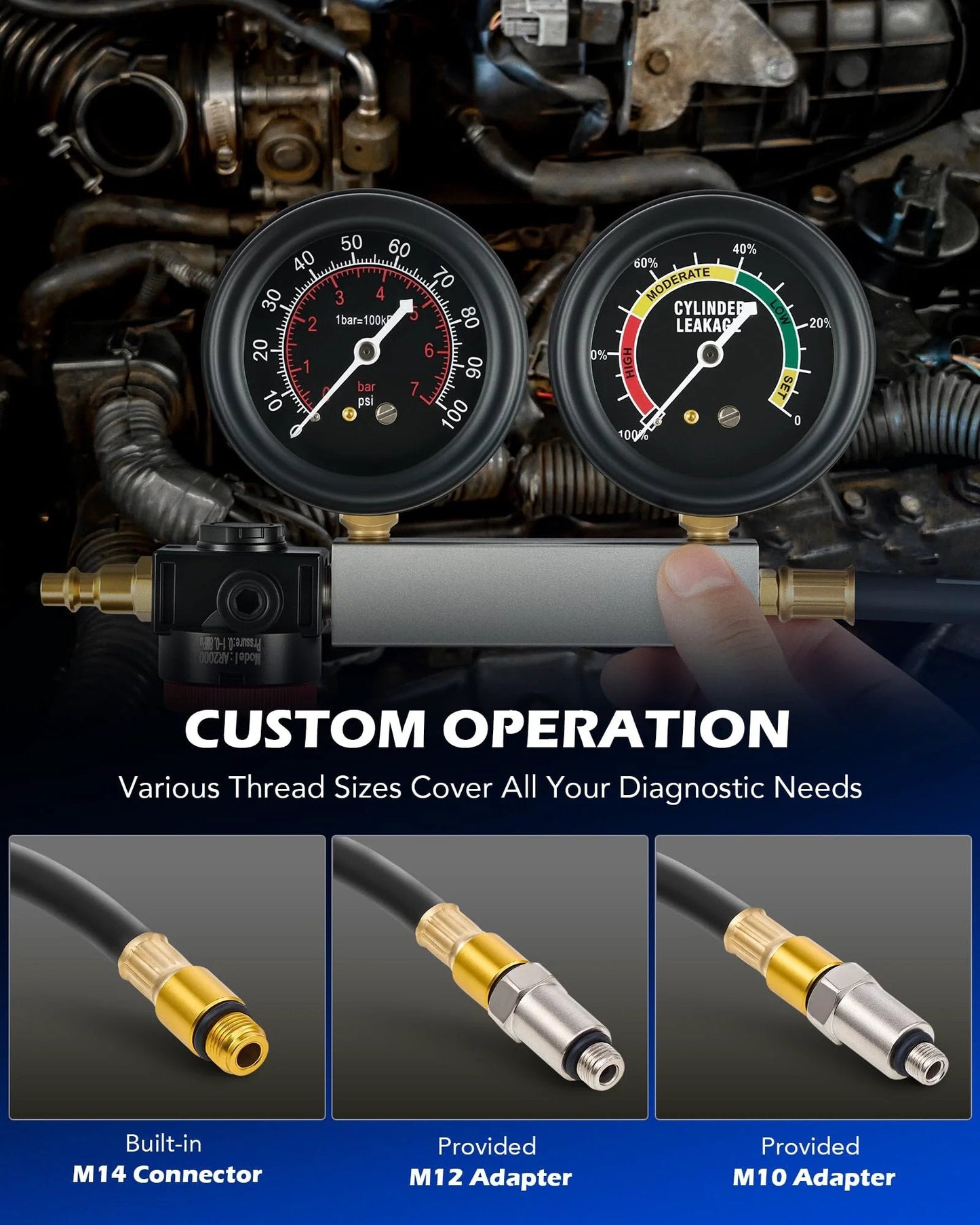 Dual Gauge Cylinder Leak Down Tester Kit For Gas Engines With Spark Plug Tester Adapters And Easy Read Gauges Adjustable