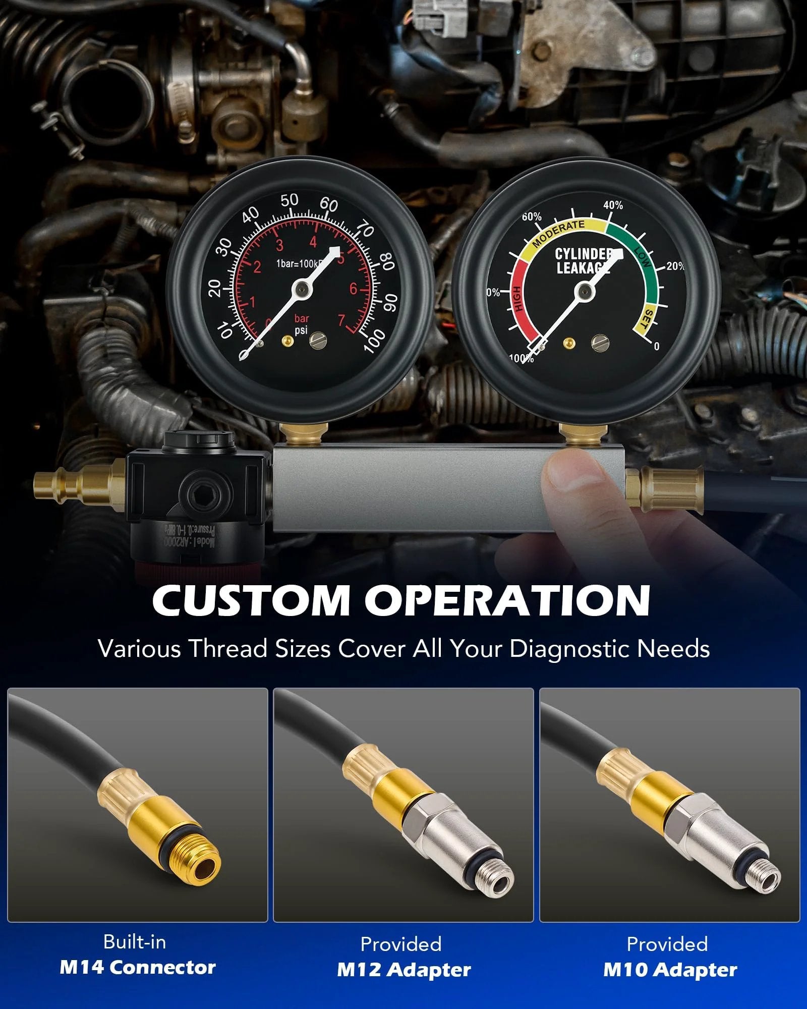 Dual Gauge Cylinder Leak Down Tester Kit For Gas Engines With Spark Plug Tester Adapters And Easy Read Gauges Adjustable