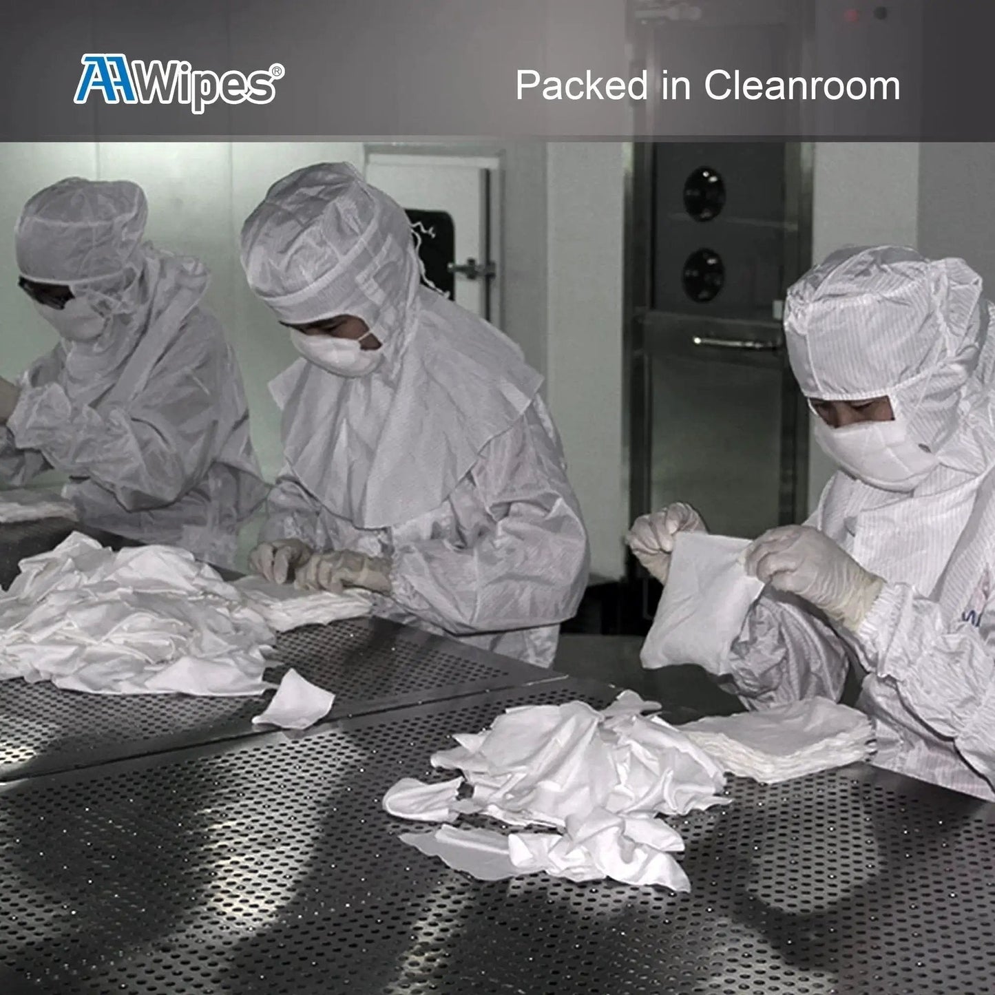 Technicians handling Ultra Soft Cleanroom Cloth Wipes 6x6 Inch 150 Count Polyester Microfiber in a cleanroom.