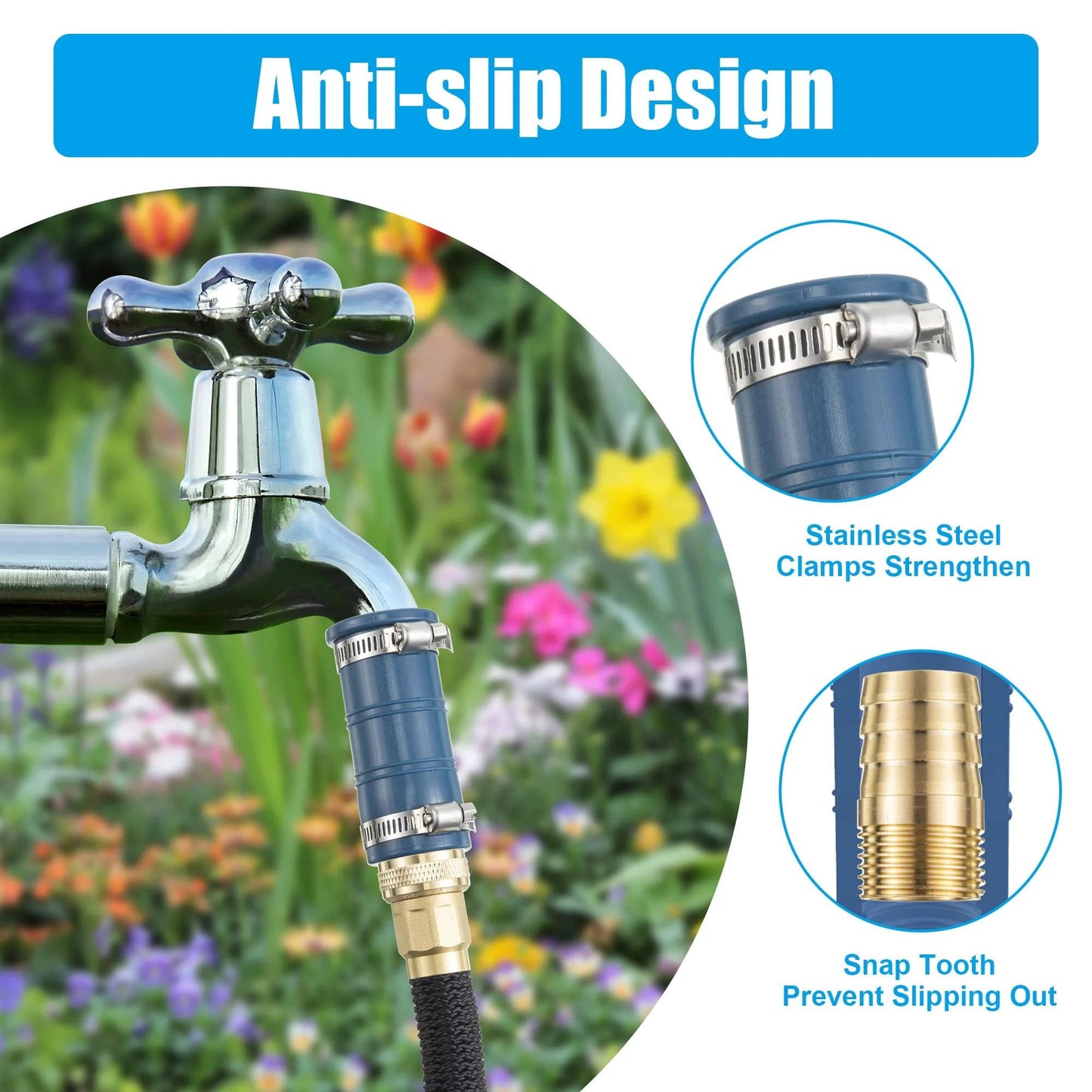 Universal Faucet Hose Adapter With Three Quarter Inch Brass Threaded End And Flexible Silicone Sleeve Fits Most Hoses And Damaged Or Threadless Faucets Great For RV Garden And Outdoor Water Connections shown installed outdoors on metal faucet with anti-slip design features.