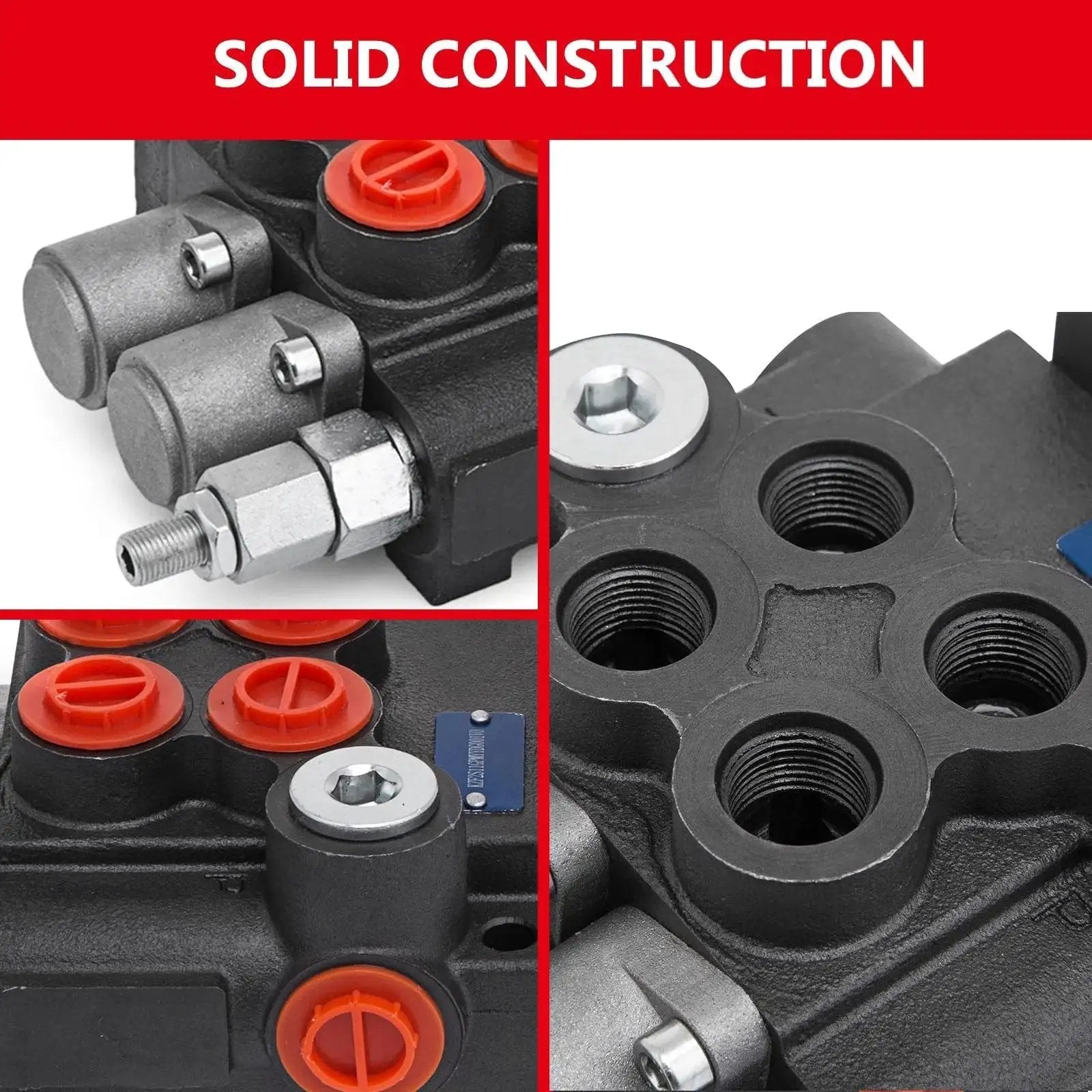 Close-up of Heavy Duty Dual Spool Hydraulic Joystick Control Valve for tractors with durable steel construction and compact design.