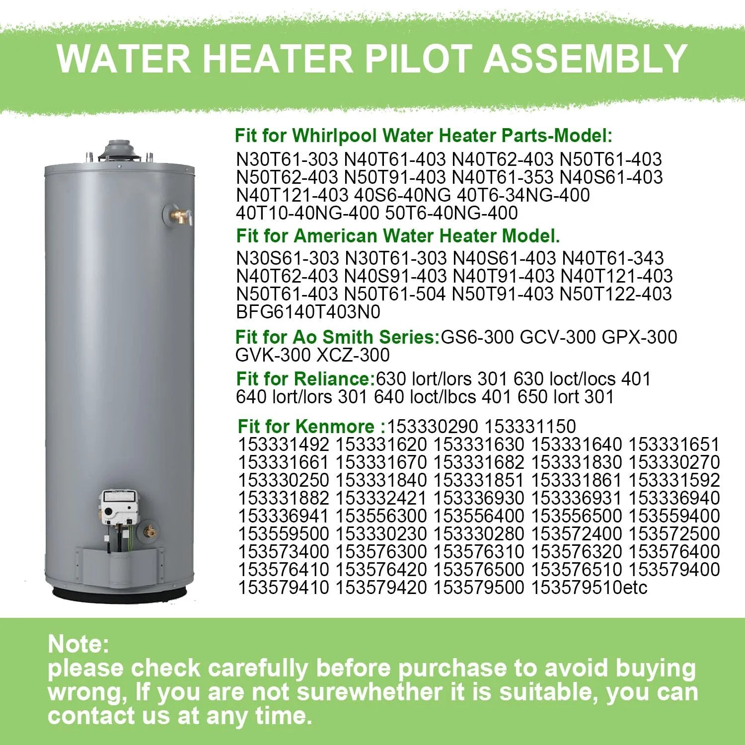 Diagram showing compatible models for Thermopile Replacement Assembly for Whirlpool 9007876 9007877 and AO Smith 4067826 gas water heaters.