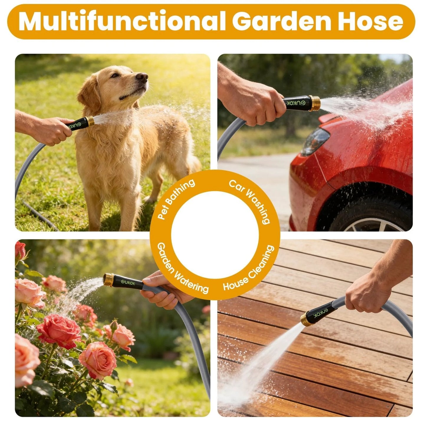 Ultra Light 100 Ft Garden Hose Non Expanding Water Hose Burst Resistant Kink Free High Pressure All Weather Hose For Lawns Gardens And Outdoor Cleaning By GUKOK in use for pet bathing, car washing, garden watering, and house cleaning.