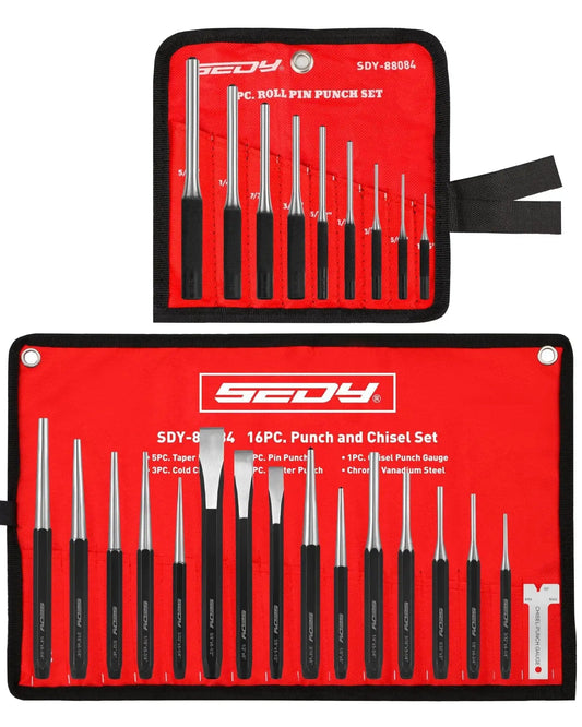 25 Piece Punch And Chisel Set With Roll Pin Punches Including Taper Punches Pin Punches Center Punches And Cold Chisels For Metalworking Automotive Woodworking And DIY Projects Built From Heat Treated Chrome Vanadium For Lasting Sharpness And Durability in a red nylon pouch