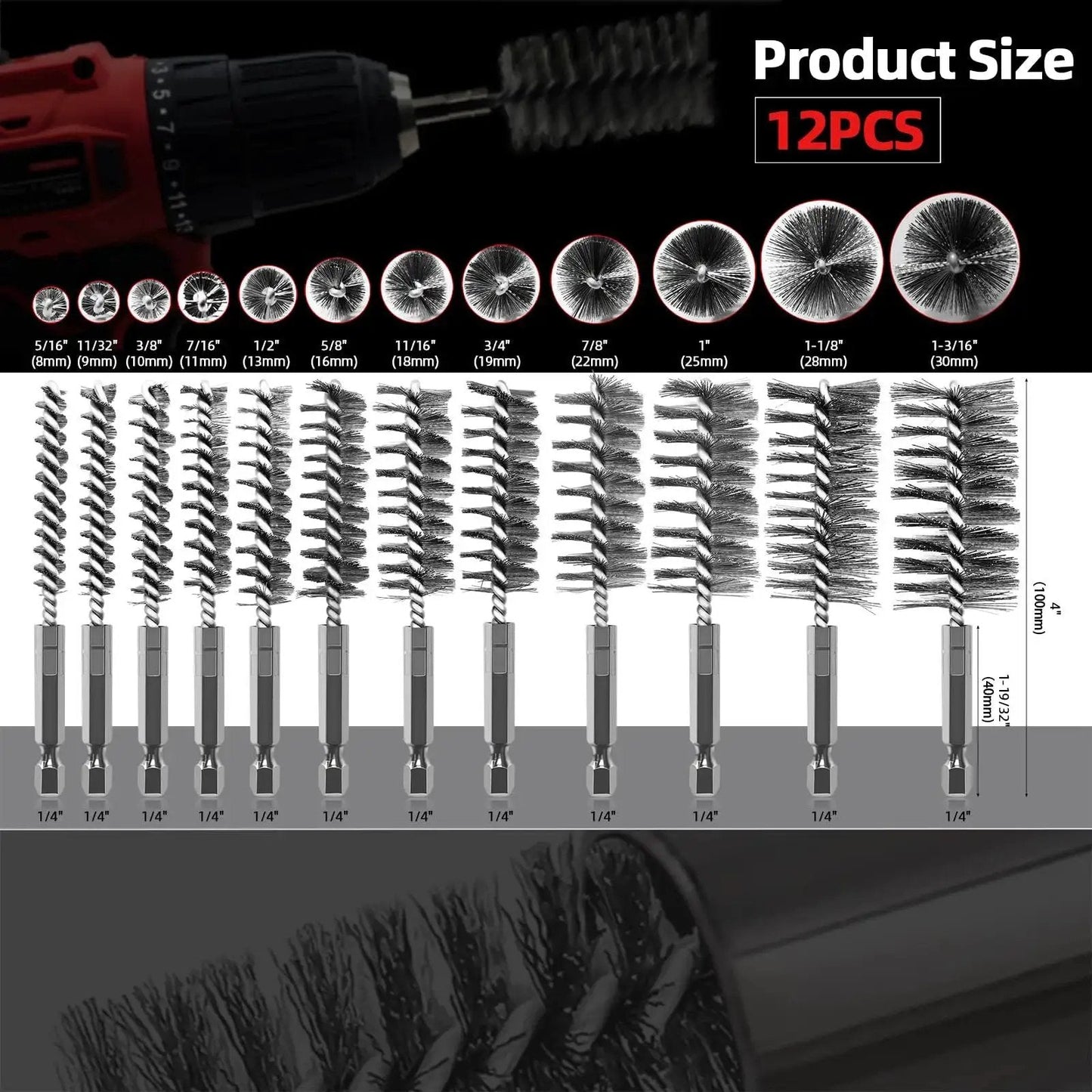 12 Piece Stainless Steel Bore Brush Set For Drill With 1/4 Inch Hex Shank, showing varied sizes for bore cleaning and deburring