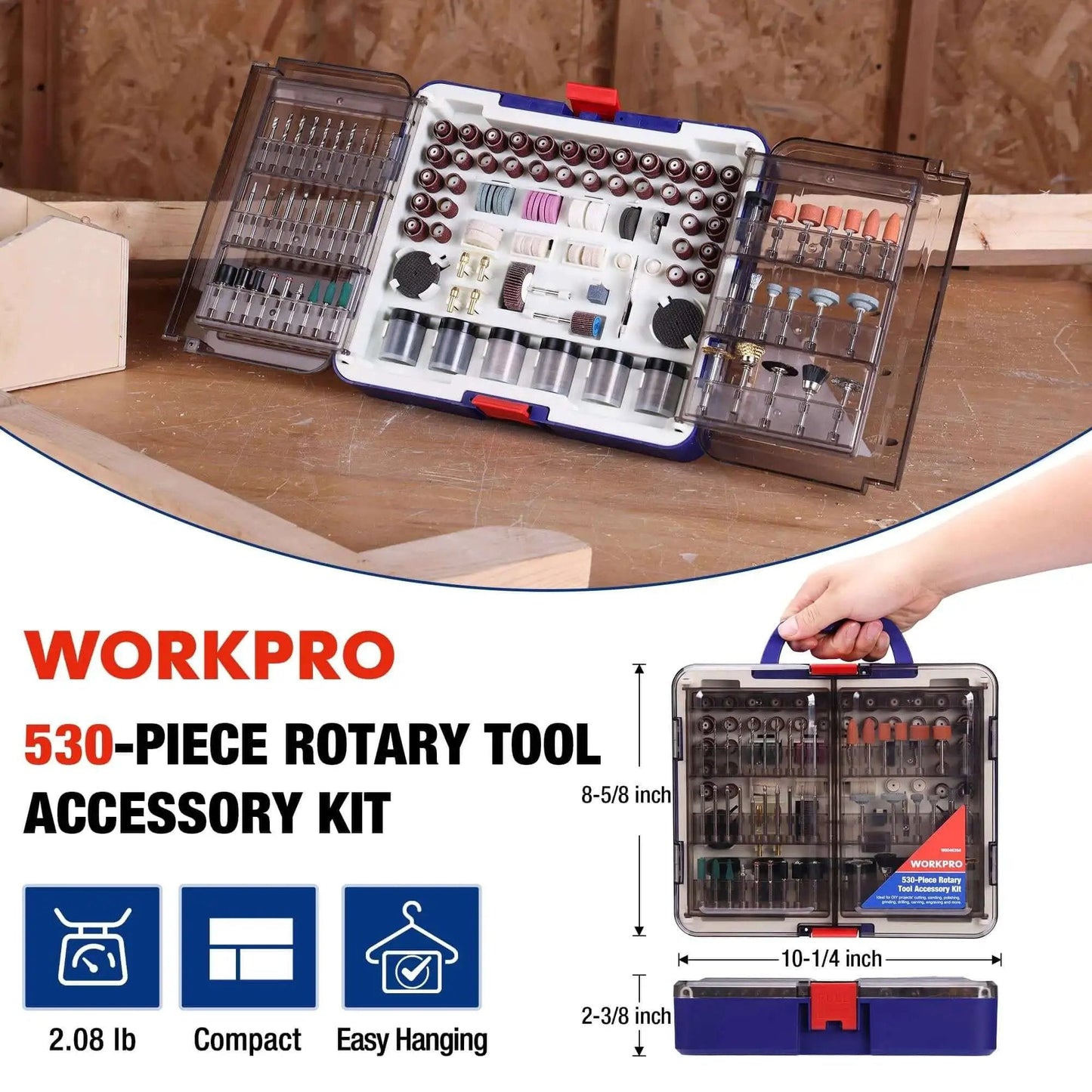 All In One 530 Piece Rotary Tool Accessory Kit For Cutting Grinding Sanding Polishing Cleaning Drilling Carving And Engraving From WORKPRO with diamond wheel, sanding discs, and cut off wheels visible in open storage case with dimensions displayed.