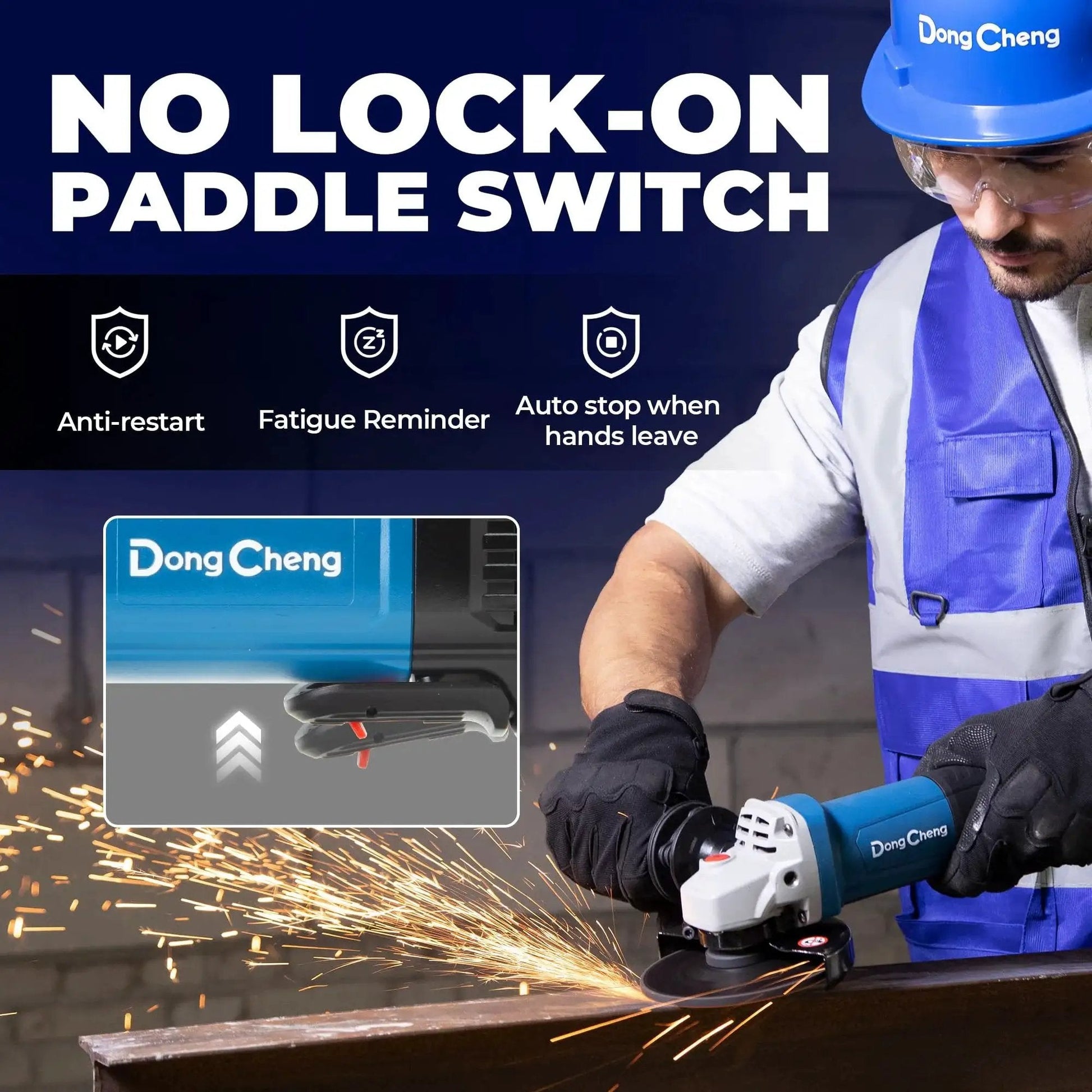 Person using Beast Power 9.2 Amp Corded Angle Grinder 4 And A Half Inch 11800 RPM With Tool Free Guard Paddle Switch Lightweight Shockproof Handle