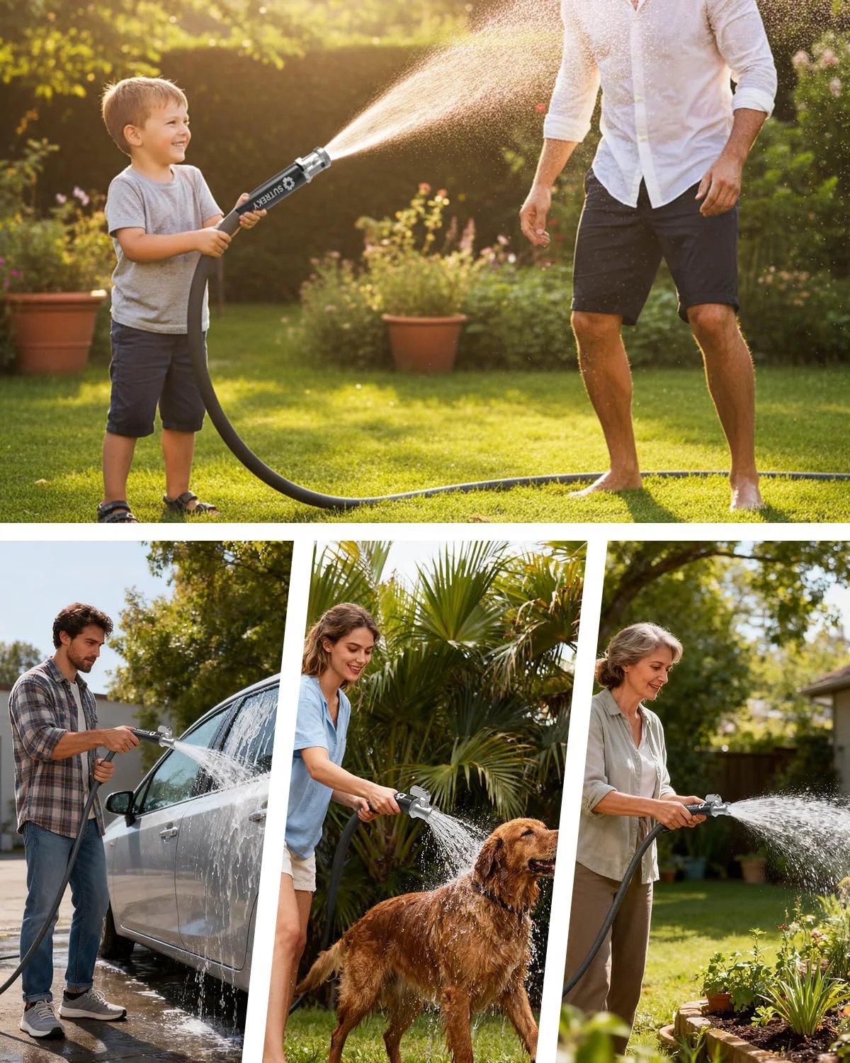 People using Ultra Light 50ft Garden Hose That Is Kink Free And High Pressure Abrasion Resistant All Weather Durable Eco Friendly With Drinking Water Safe TPU Core And Rust Proof Leak Proof Valve For Safe Family Use for yard work and cleaning.