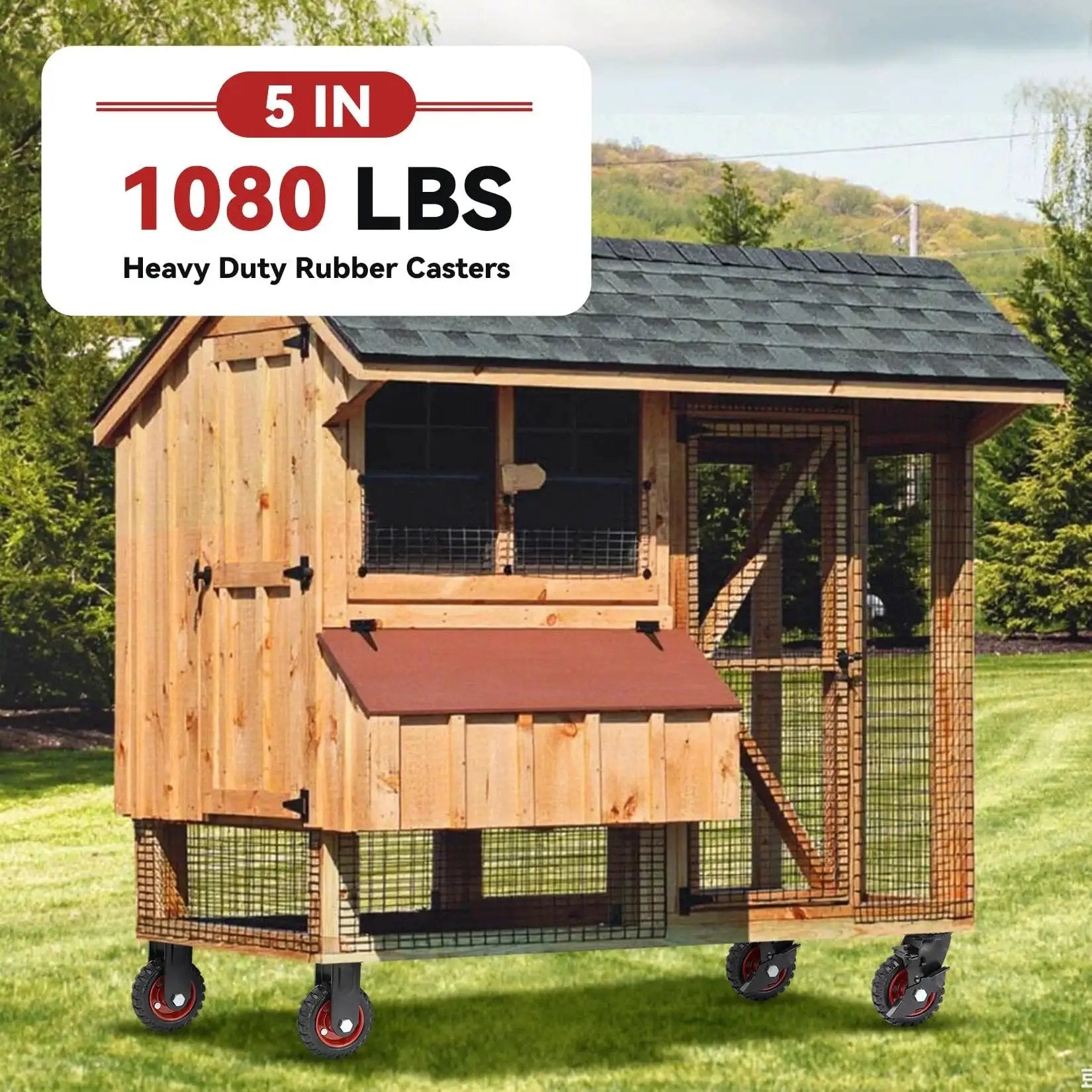Chicken coop with 5 Inch Heavy Duty Rubber Casters Set Of 4 With 2 Brakes And 2 Rigid Wheels Industrial Grade Solid Rubber Tread.