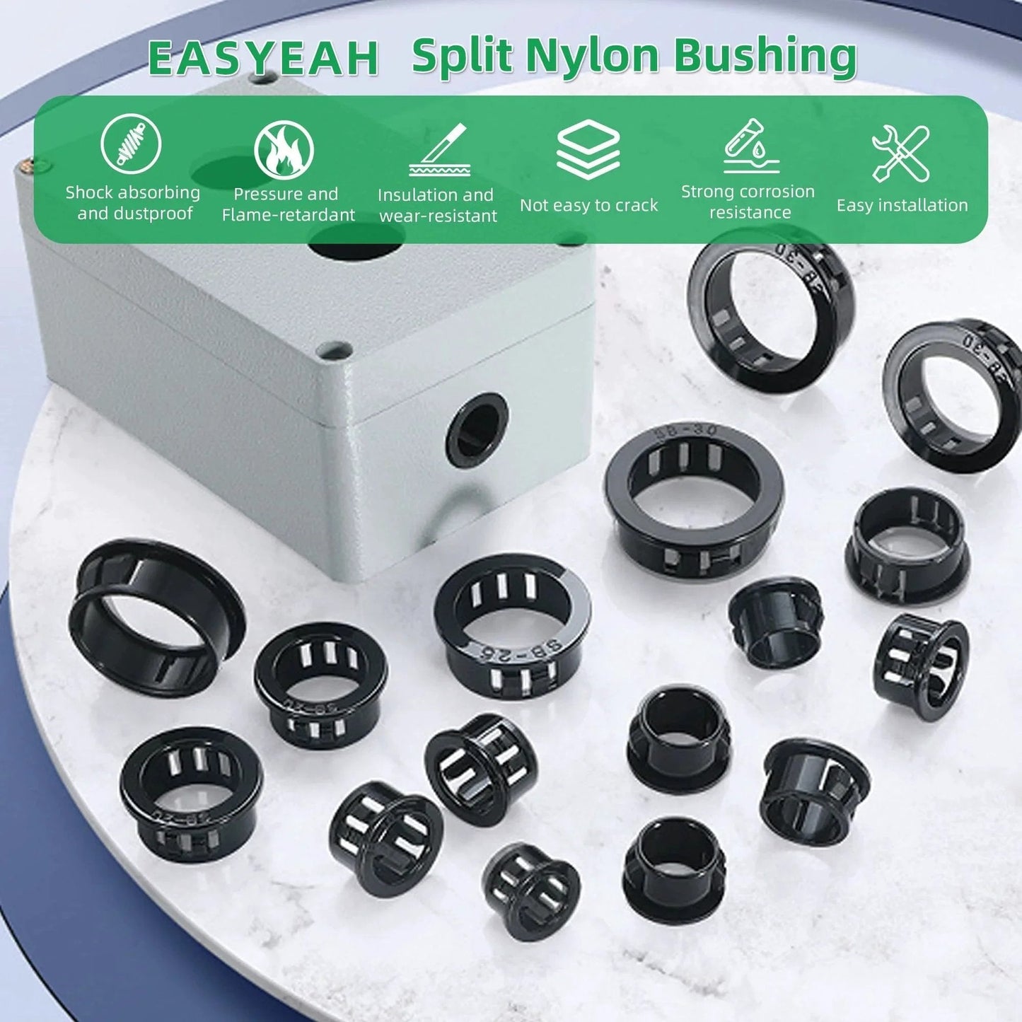 Snap-In Knockout Bushing Grommets 1/2 Inch Black Nylon Plastic Cable Hole Grommets for Wiring and Electrical Installations shown around a junction box