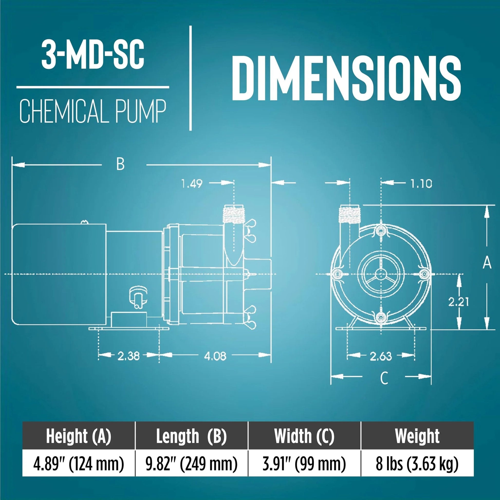 Blueprint of Heavy-Duty Non-Submersible Magnetic Drive Pump for Semi-Corrosive Chemicals, 3-MD-SC model dimensions detailed