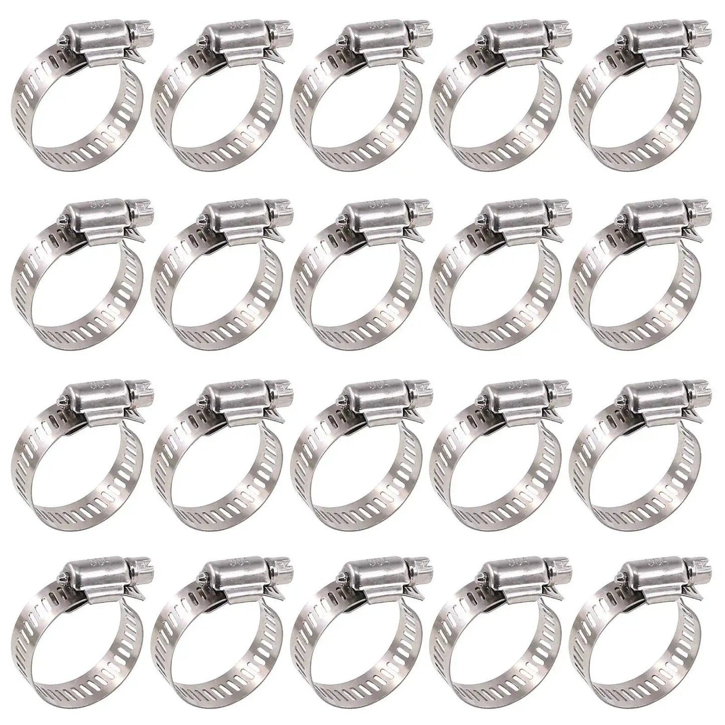 Heavy Duty 20 Pcs 304 Stainless Steel Adjustable Hose Clamps Range 18-32 Mm Worm Gear Clamp Kit shown in rows