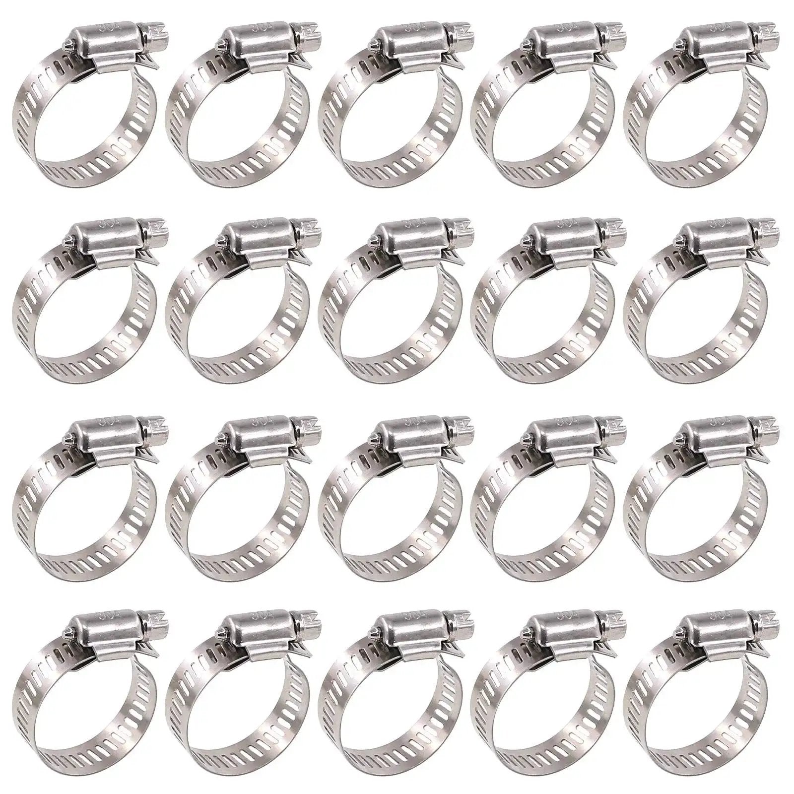 Heavy Duty 20 Pcs 304 Stainless Steel Adjustable Hose Clamps Range 18-32 Mm Worm Gear Clamp Kit shown in rows