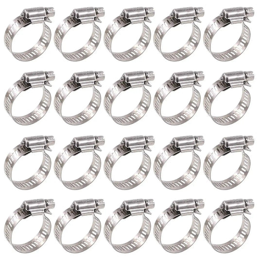 Heavy Duty 20 Pcs 304 Stainless Steel Adjustable Hose Clamps Range 18-32 Mm Worm Gear Clamp Kit shown in rows